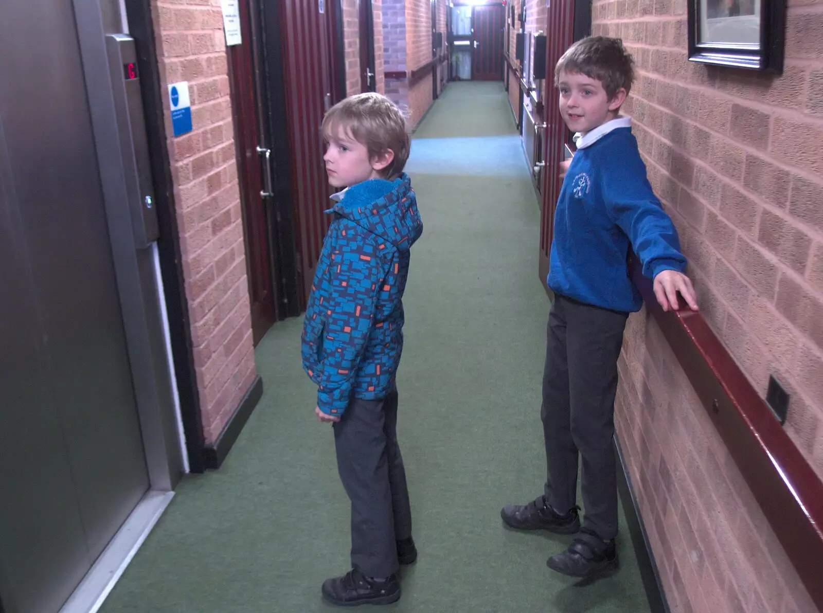 Harry and Fred in the corridors of grandad's new pad, from The G-Unit Moves In, Eye, Suffolk - 4th March 2019