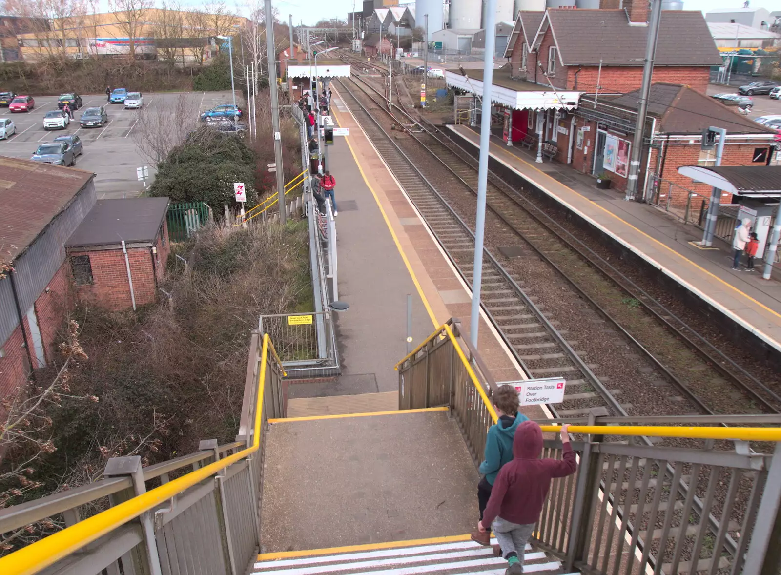 Fred and Harry on the steps at Diss Station, from Off to the Cinema Again, Norwich, Norfolk - 9th March 2019