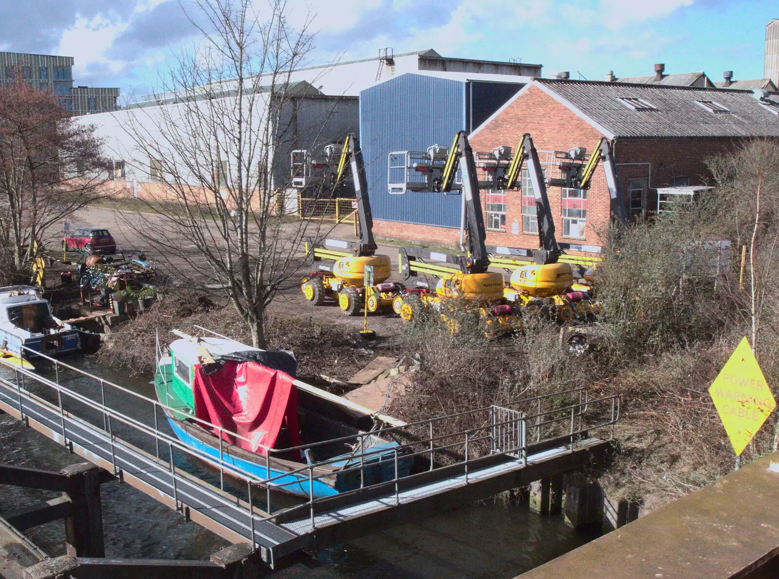 A line of cherry-pickers near Trowse Bridge, from Off to the Cinema Again, Norwich, Norfolk - 9th March 2019