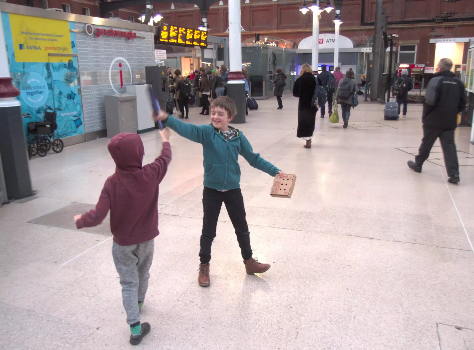 The boys do fencing with rolled-up posters, from Off to the Cinema Again, Norwich, Norfolk - 9th March 2019