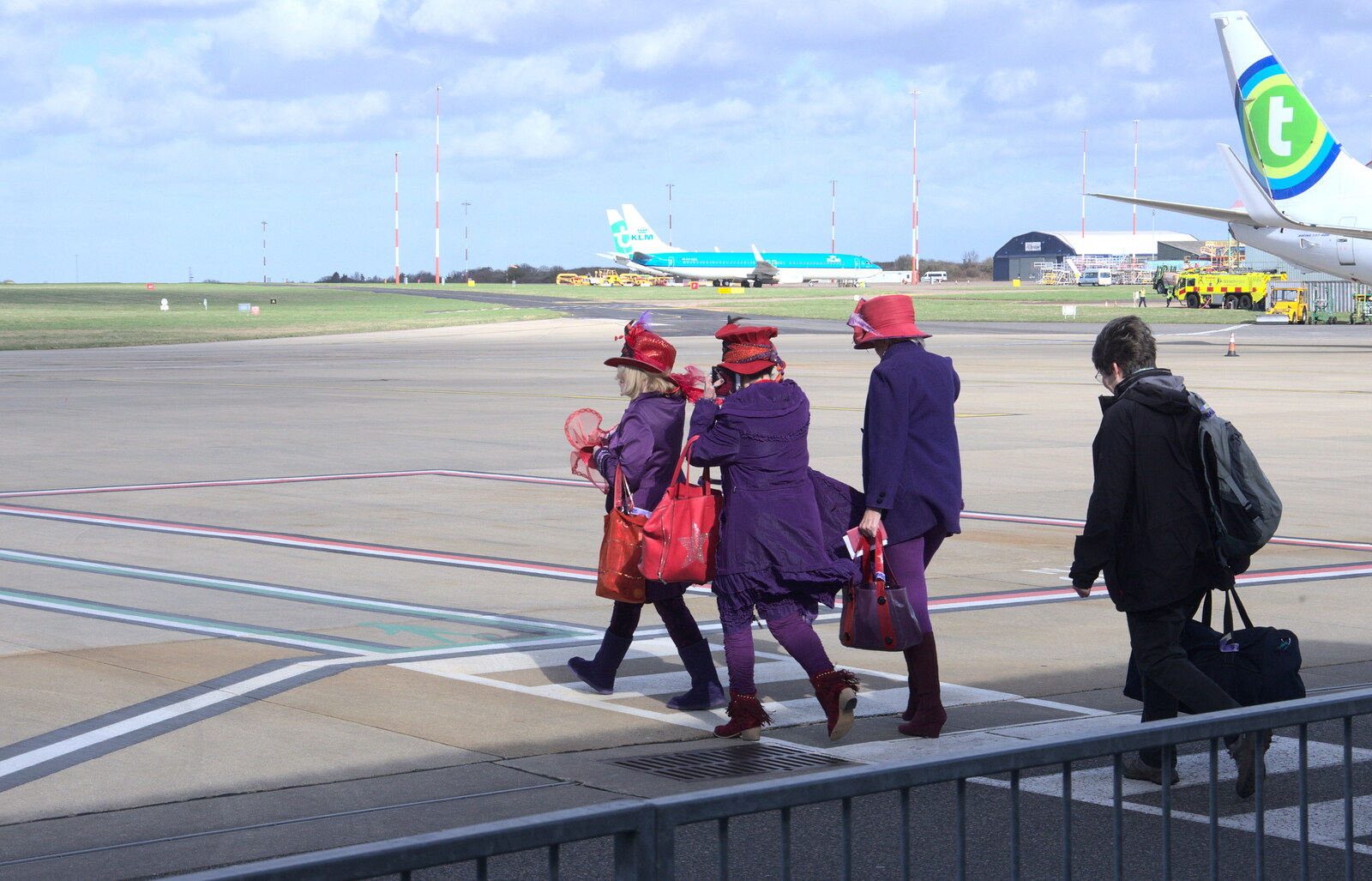 Some purple passengers head to the plane from Devon In A Day, Exeter, Devon - 14th March 2019