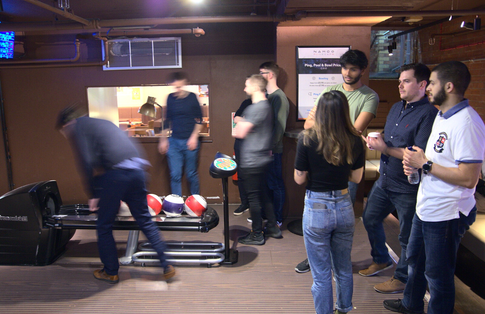 Hanging out on the bowling lanes from A Team Outing at Namco Funscape, South Bank, London - 27th March 2019