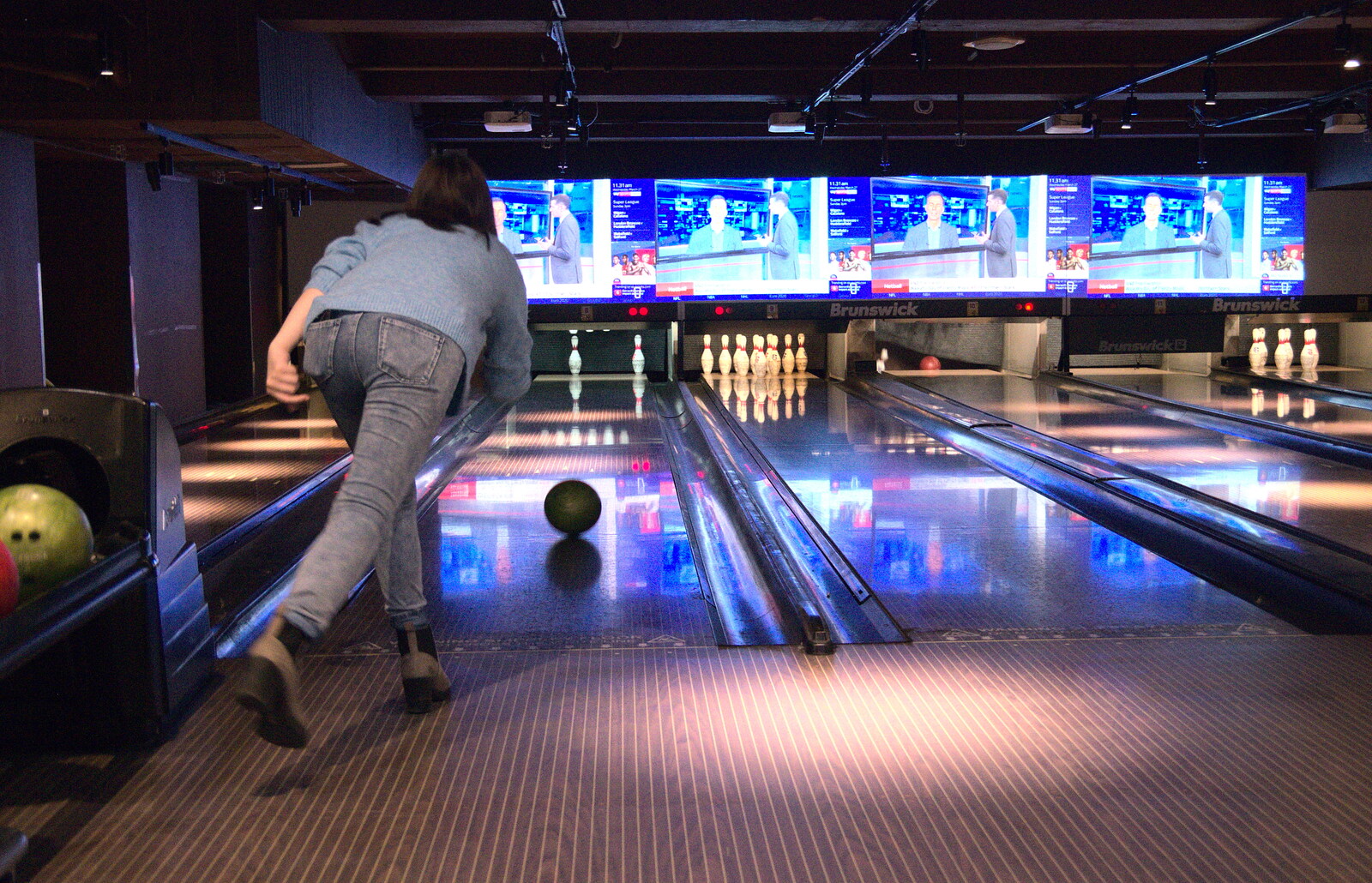 There's some bowling action from A Team Outing at Namco Funscape, South Bank, London - 27th March 2019