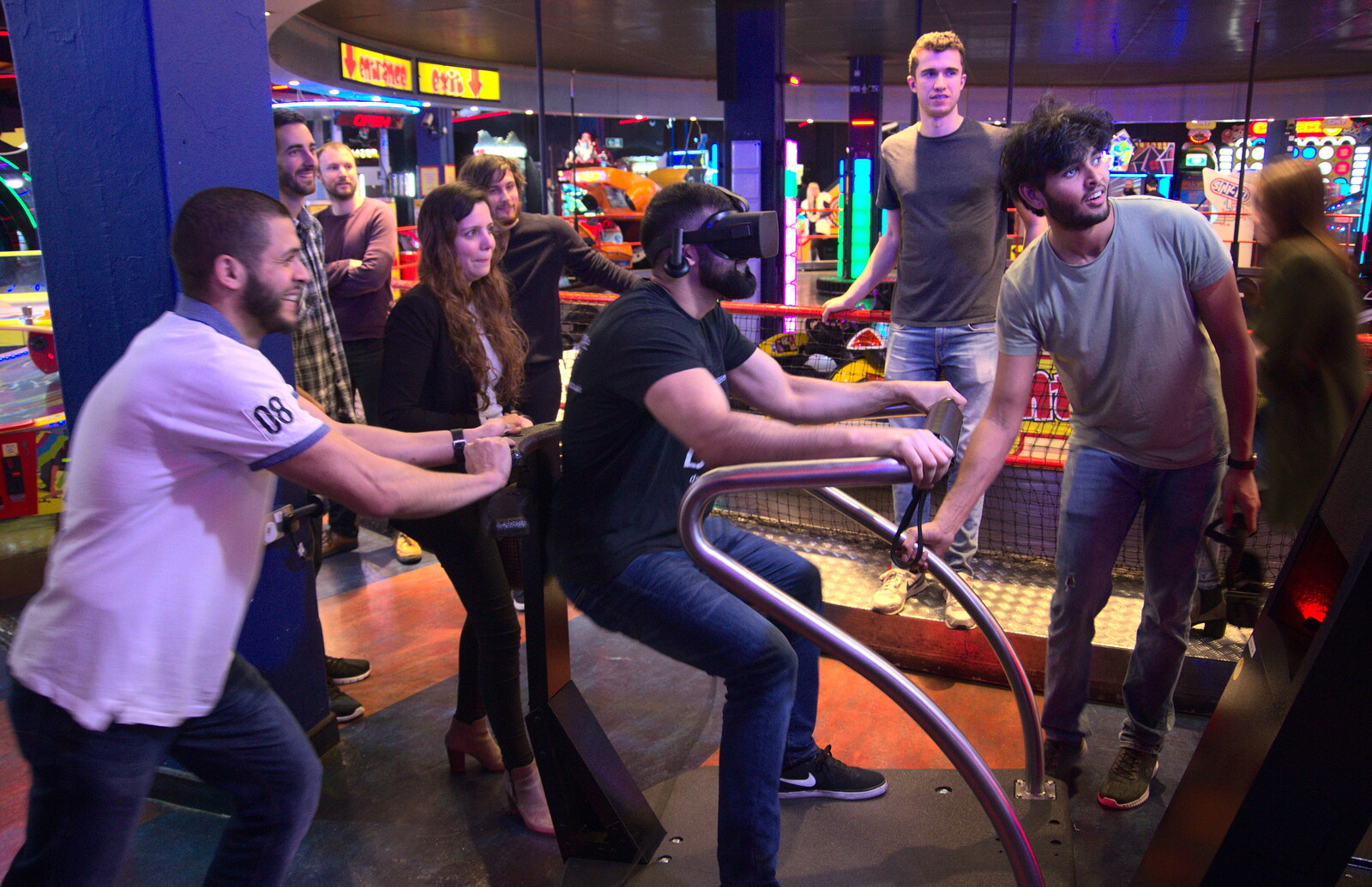Tehmur is assisted on a VR game from A Team Outing at Namco Funscape, South Bank, London - 27th March 2019