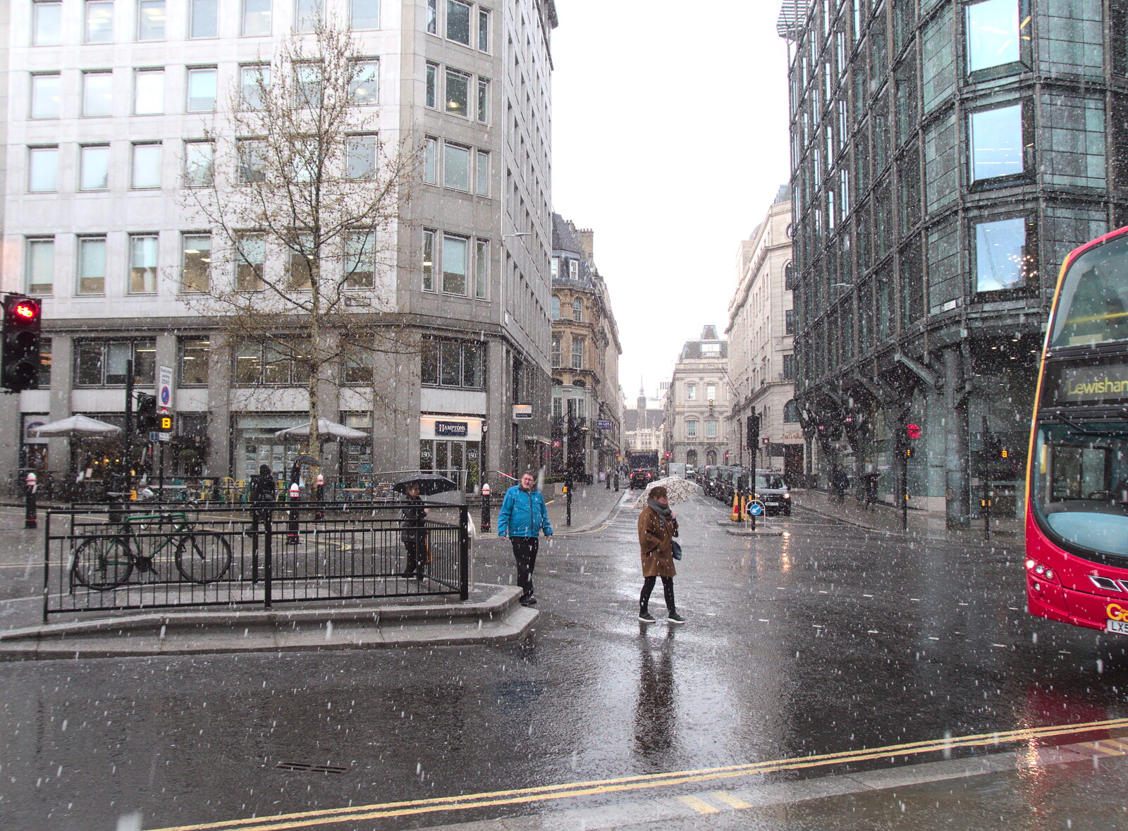 The hail and sleet comes down on Victoria Street from An April Miscellany: Snow and Cycling, Suffolk and London - 4th April 2019