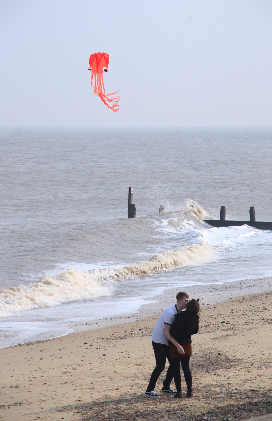 A snog on the beach, as a kite flies around from On The Beach, Southwold, Suffolk - 7th April 2019