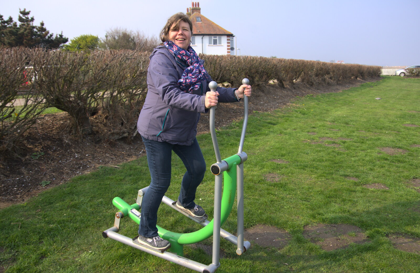 Sis does an exercise machine from On The Beach, Southwold, Suffolk - 7th April 2019