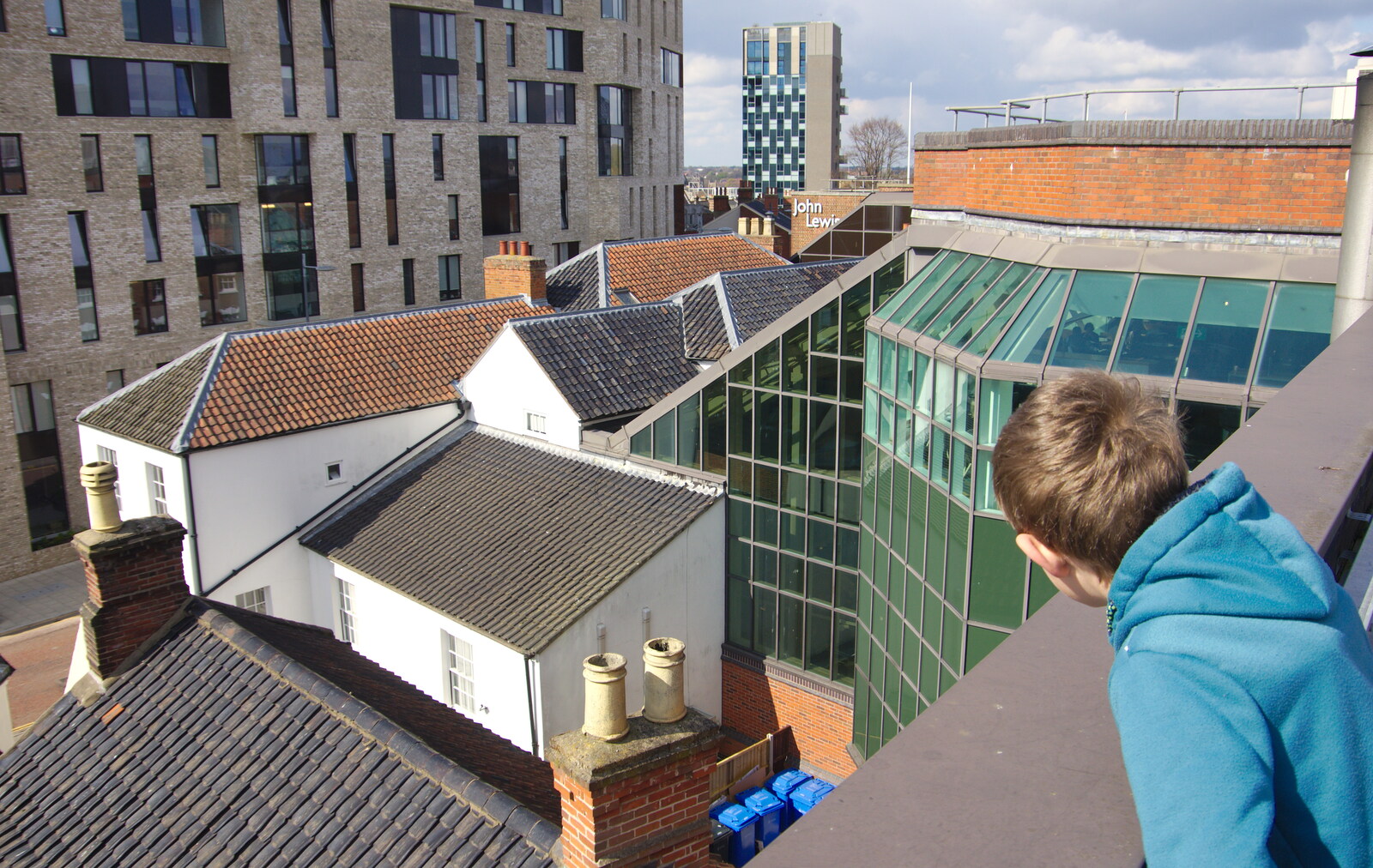 Fred looks out over the rooftops from Singing in John Lewis, Norwich, Norfolk - 13th April 2019