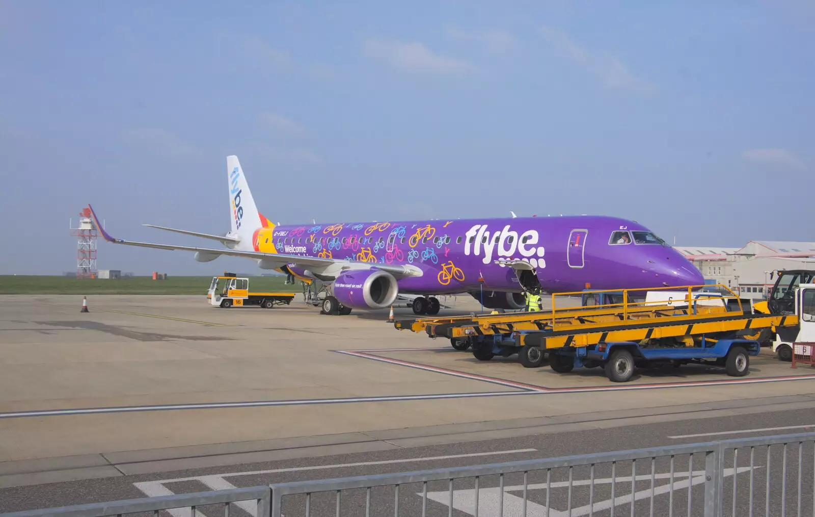 Our purple FlyBe Embraer plane awaits, from A Holiday in Nerja, Andalusia, Spain - 15th April 2019