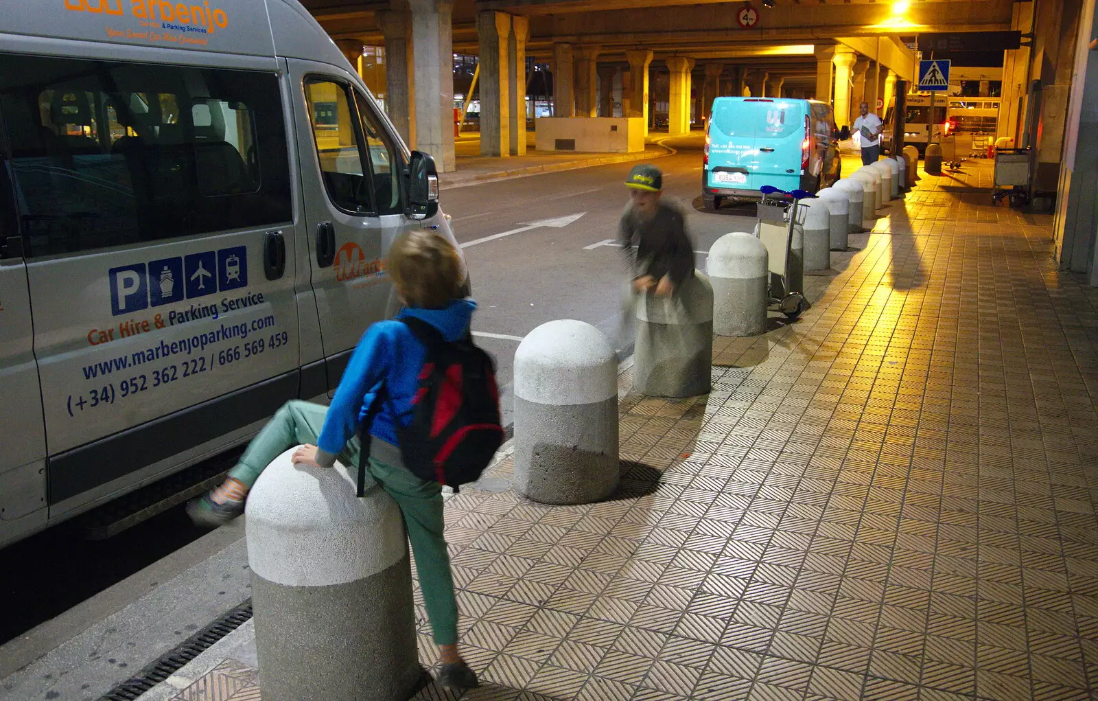 The boys play leap-frog on the concrete bollards, from A Holiday in Nerja, Andalusia, Spain - 15th April 2019