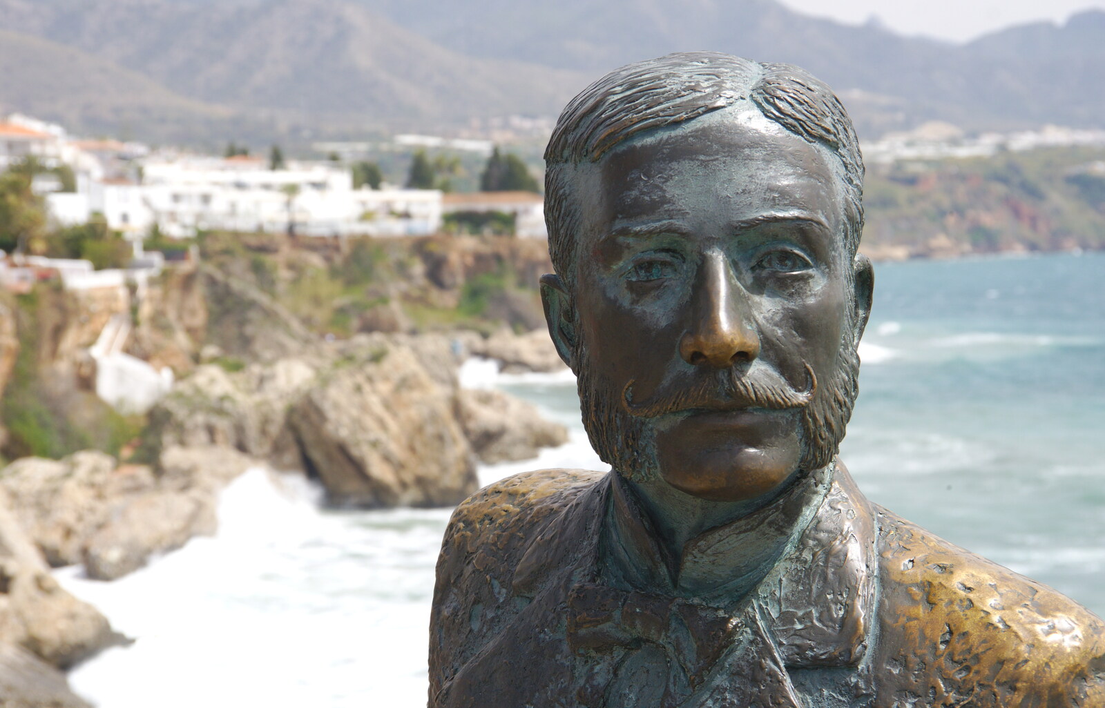 King Alfonso XII on the Balcon de Europa from Torrecilla Beach and the Nerja Museum, Andalusia, Spain - 17th April 2019
