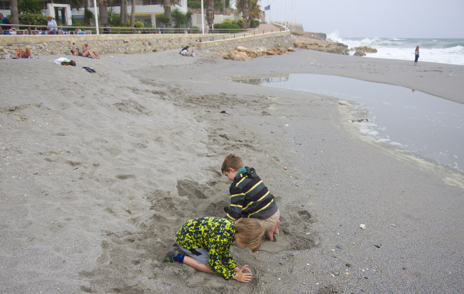 Harry and Fred dig a hole in the beach from Torrecilla Beach and the Nerja Museum, Andalusia, Spain - 17th April 2019