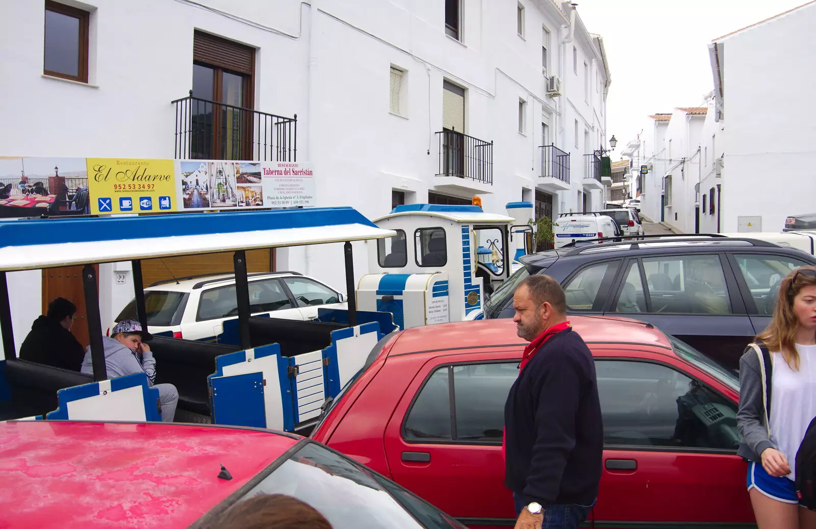 The tourist train has caused a blockage, from The Caves of Nerja, and Frigiliana, Andalusia, Spain - 18th April 2019