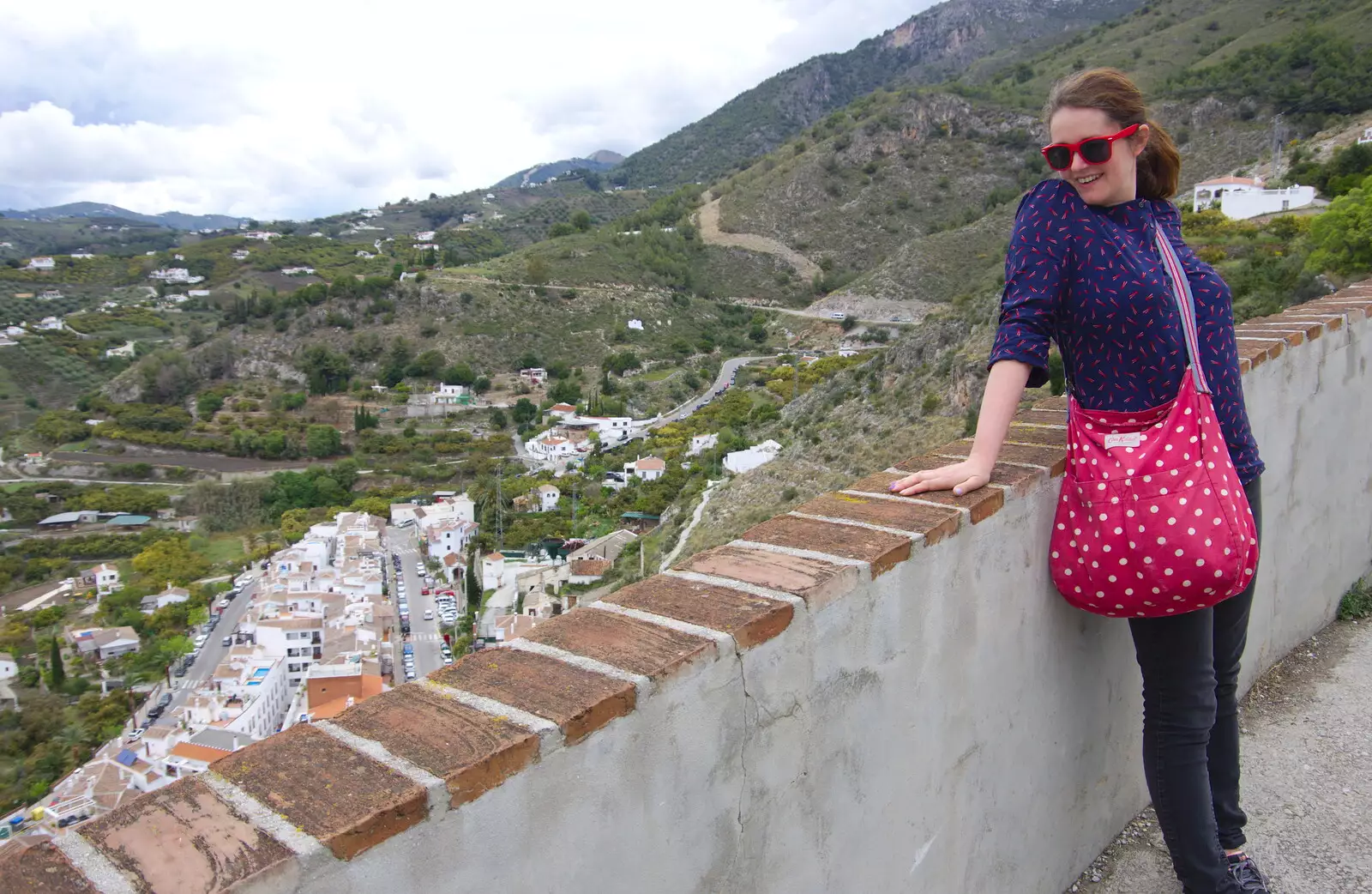 Isobel on a wall, two hundred metres above the town, from The Caves of Nerja, and Frigiliana, Andalusia, Spain - 18th April 2019