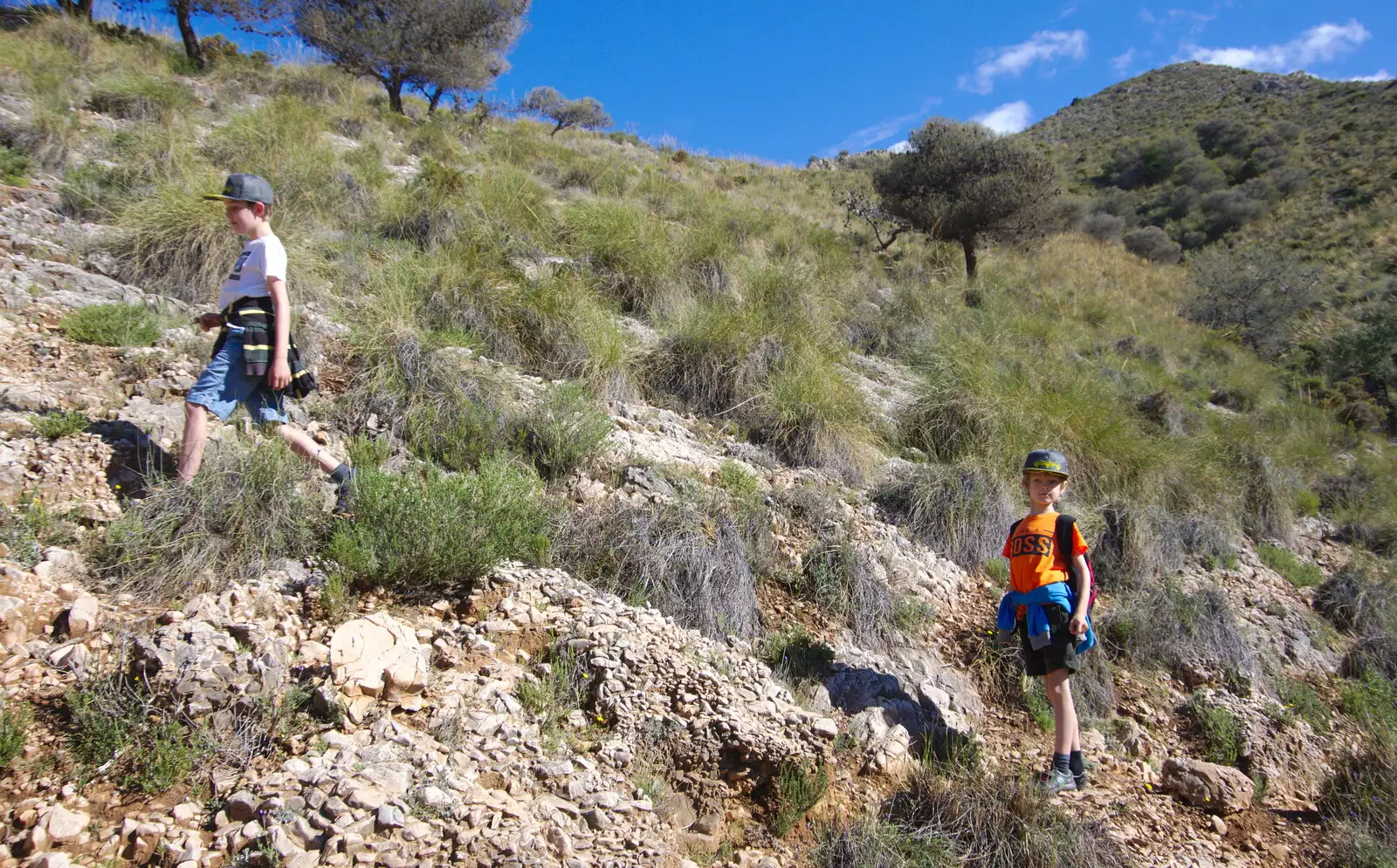 Fred and Harry in the rocks, from A Walk up a Hill, Paella on the Beach and Granada, Andalusia, Spain - 19th April 2018