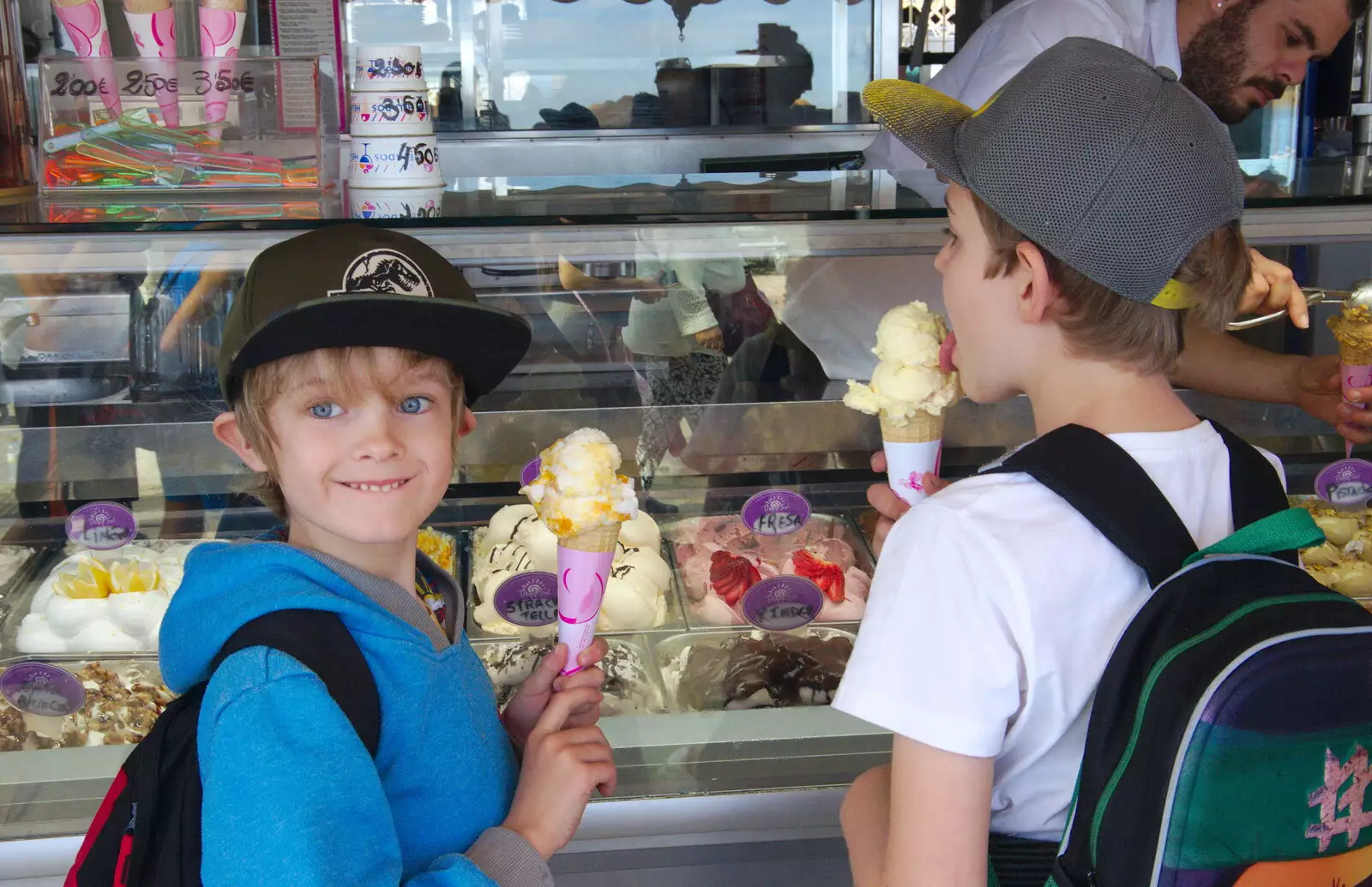 The boys are quite happy to score ice cream again, from A Walk up a Hill, Paella on the Beach and Granada, Andalusia, Spain - 19th April 2018