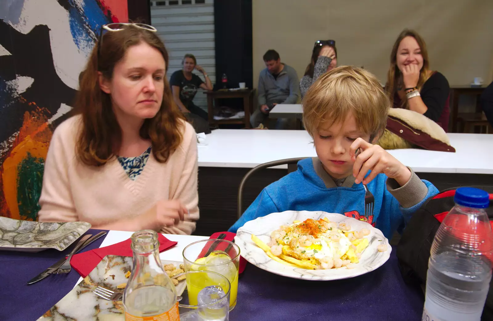 Harry looks at his prawns and eggs suspiciously, from A Walk up a Hill, Paella on the Beach and Granada, Andalusia, Spain - 19th April 2018