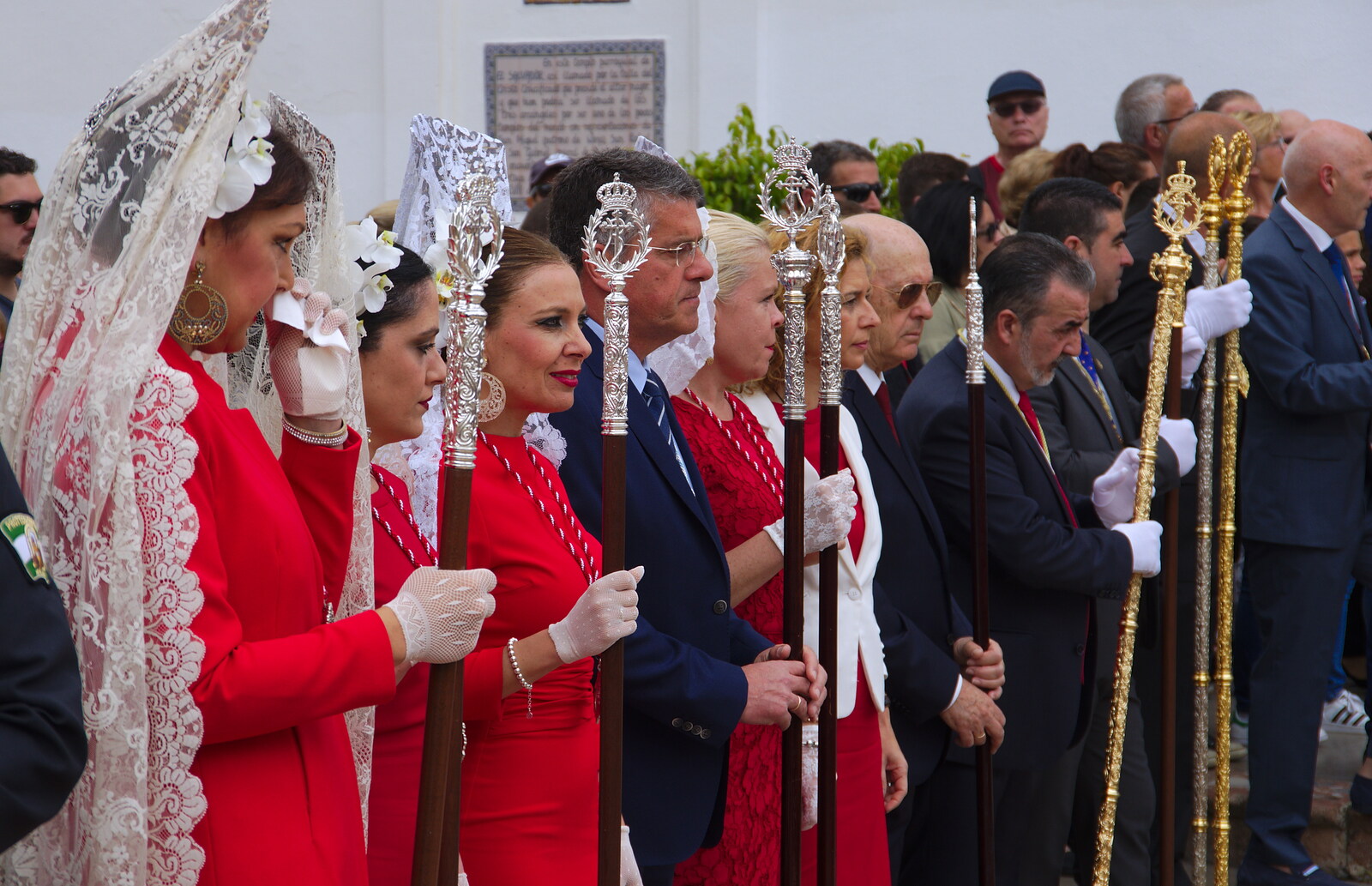 Lots of people with shiny staffs from An Easter Parade, Nerja, Andalusia, Spain - 21st April 2019