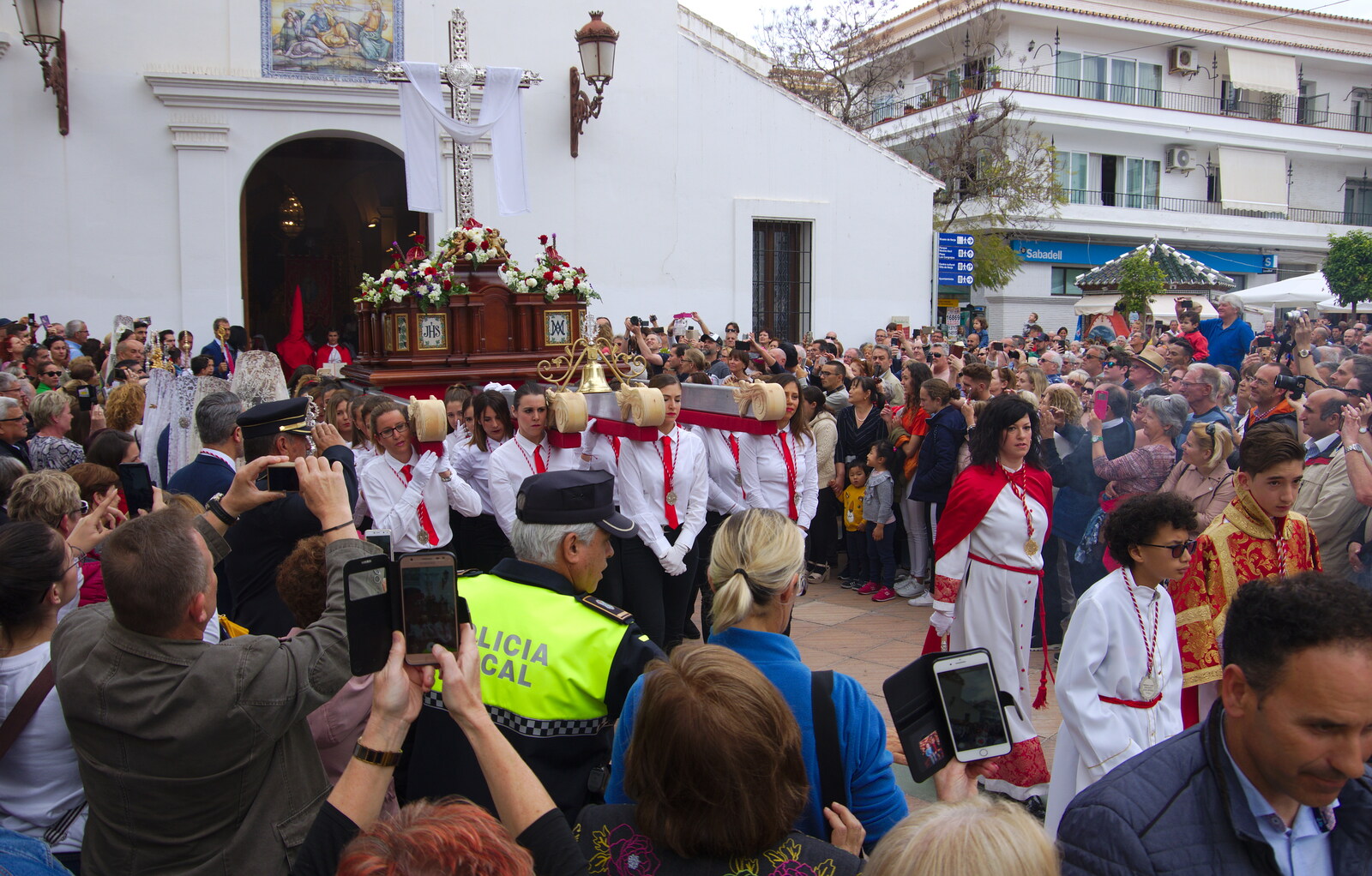 The first of the heavy floats is carried out from An Easter Parade, Nerja, Andalusia, Spain - 21st April 2019