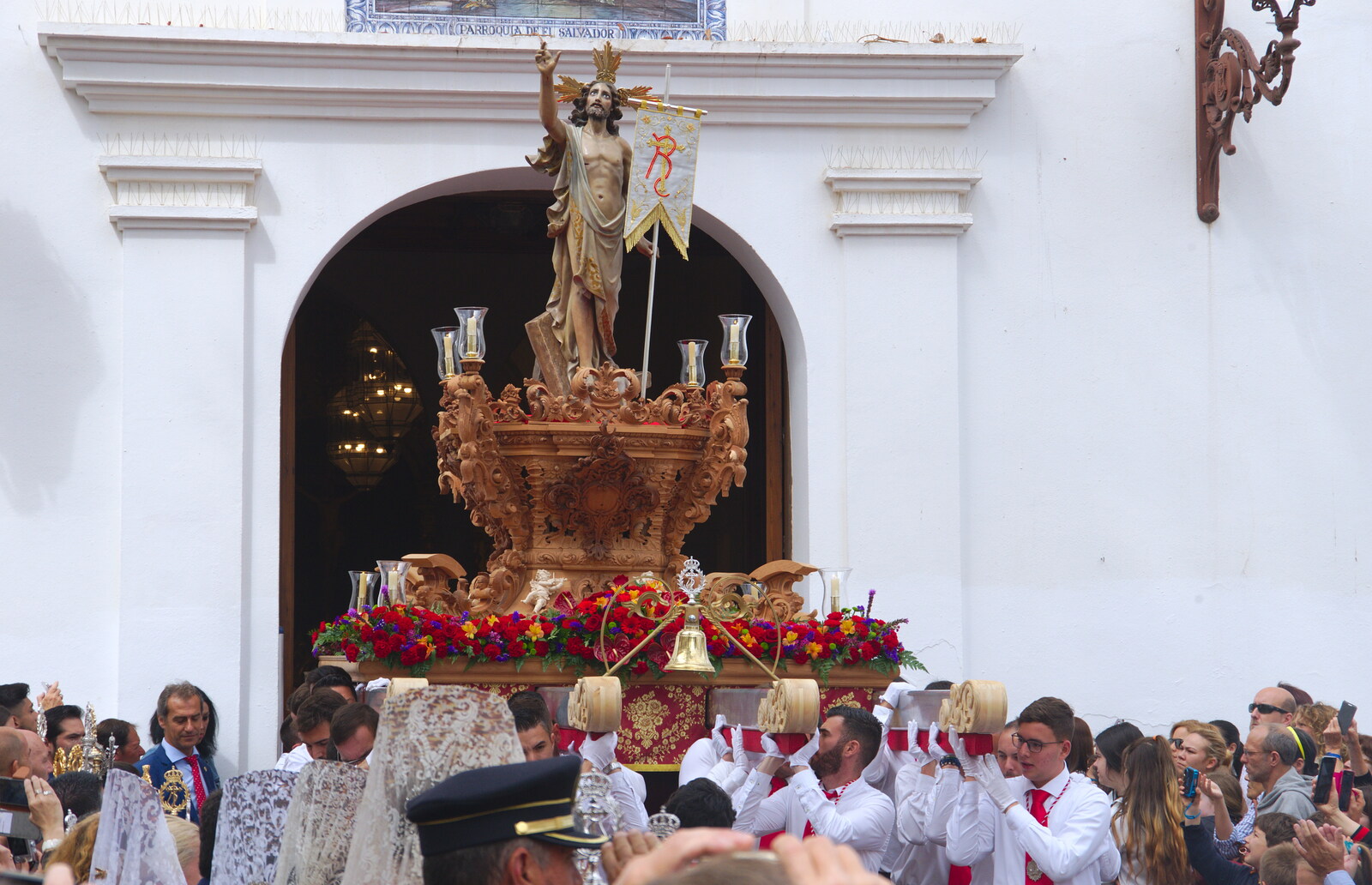 A large statue of Jesus is next out of the church from An Easter Parade, Nerja, Andalusia, Spain - 21st April 2019
