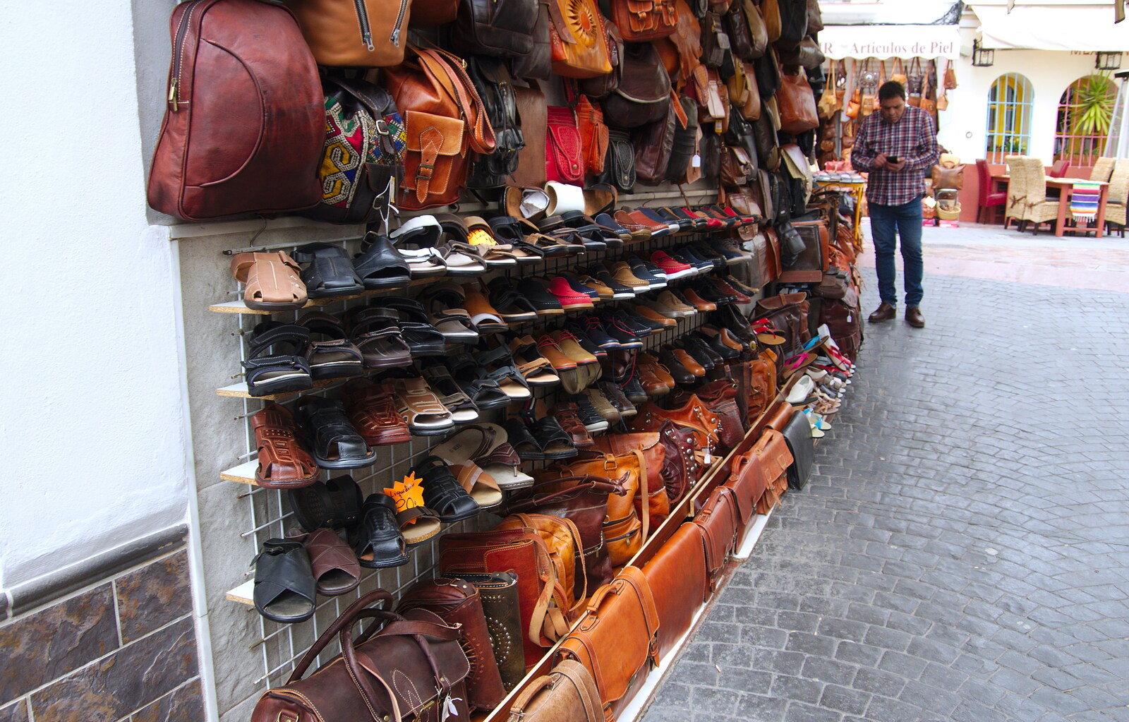 Leather goods in an alleyway from An Easter Parade, Nerja, Andalusia, Spain - 21st April 2019