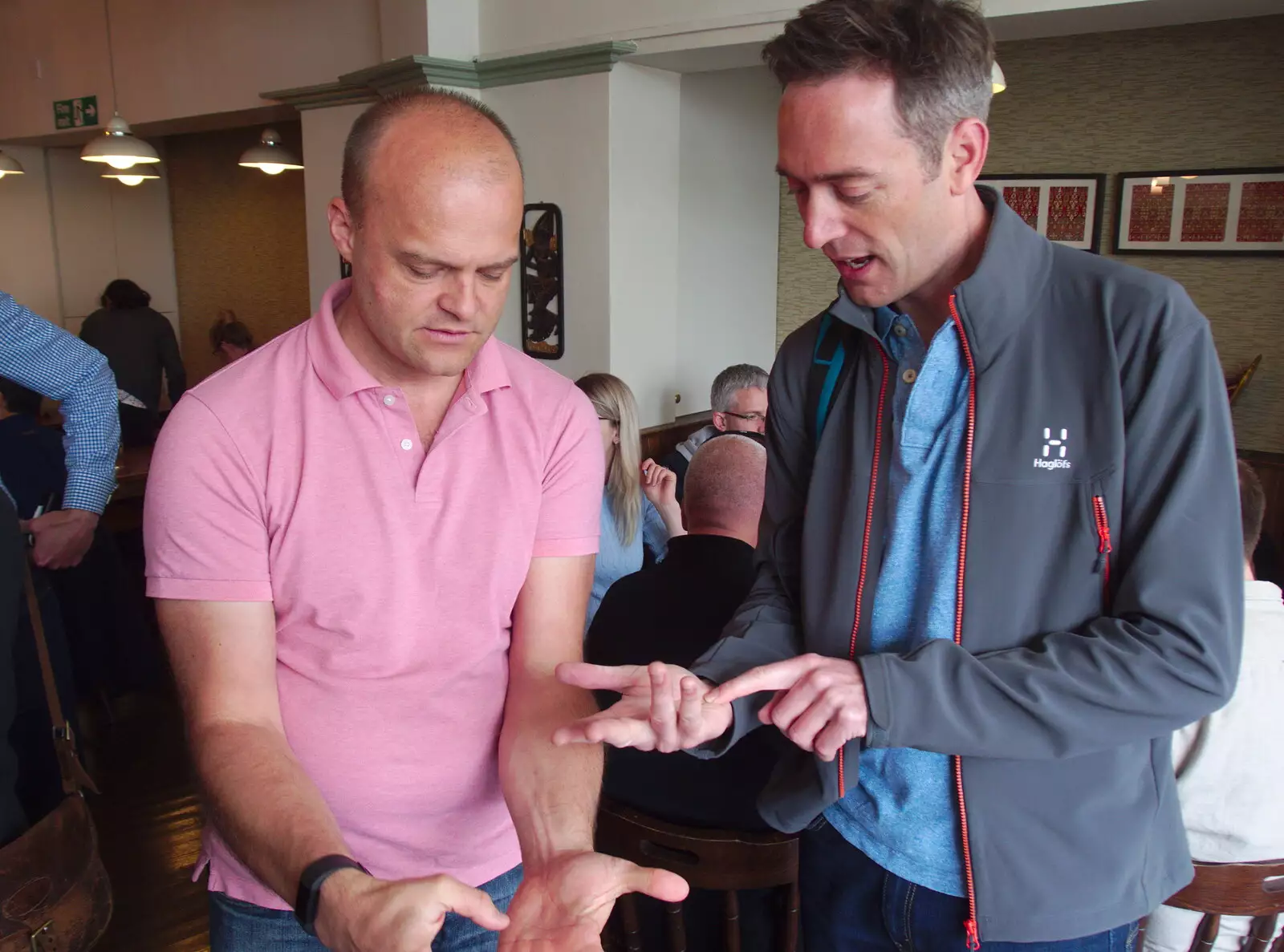 Nick and Stefan do some sort of counting with fingers, from A Mini Qualcomm Reunion, The Wrestlers, Cambridge - 26th April 2019