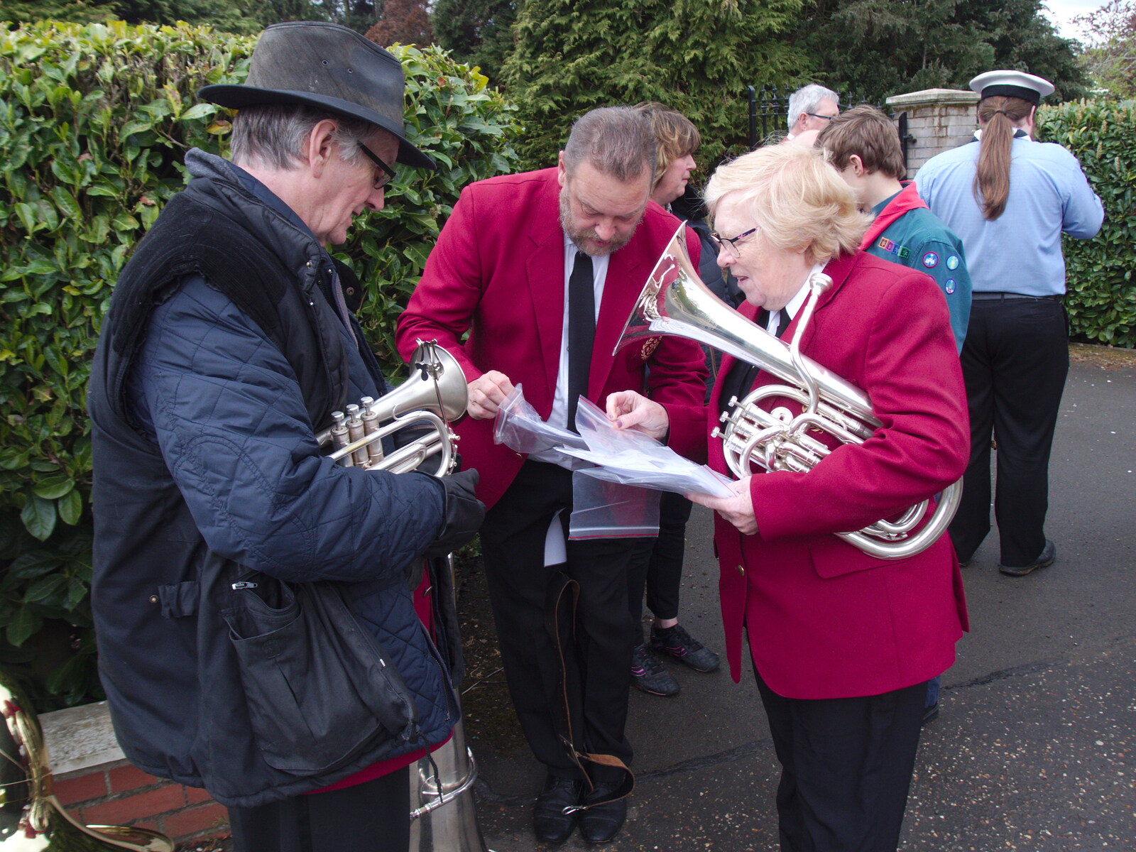 The band consults on the 'set list' from A St. George's Day Parade, Dickleburgh, Norfolk - 28th April 2019