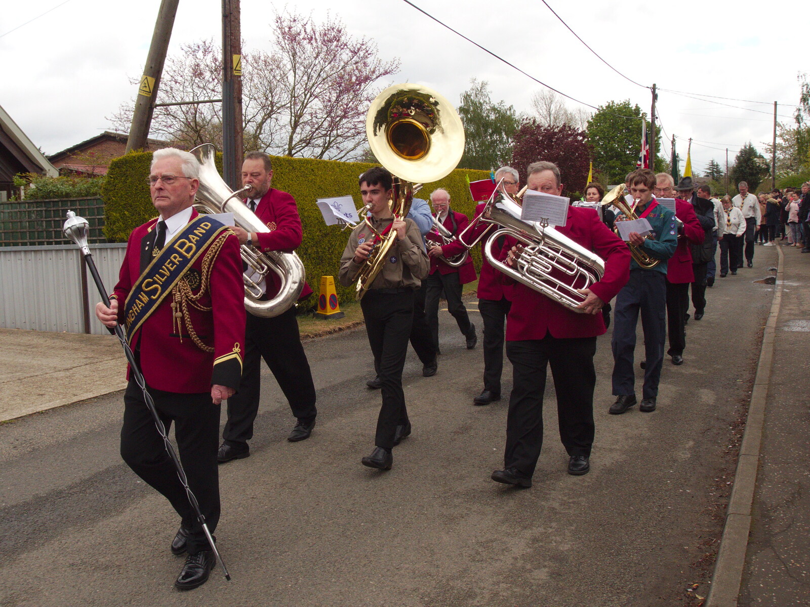 Terry leads the GSB off up the road from A St. George's Day Parade, Dickleburgh, Norfolk - 28th April 2019