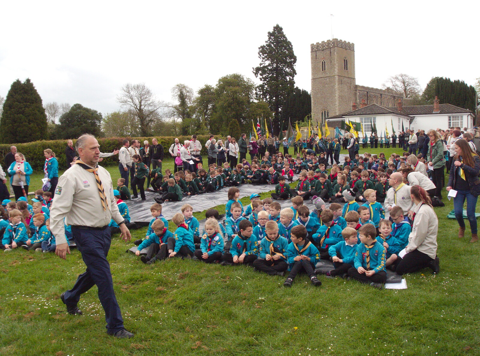 Scouts and Beavers sit down for a presentation from A St. George's Day Parade, Dickleburgh, Norfolk - 28th April 2019