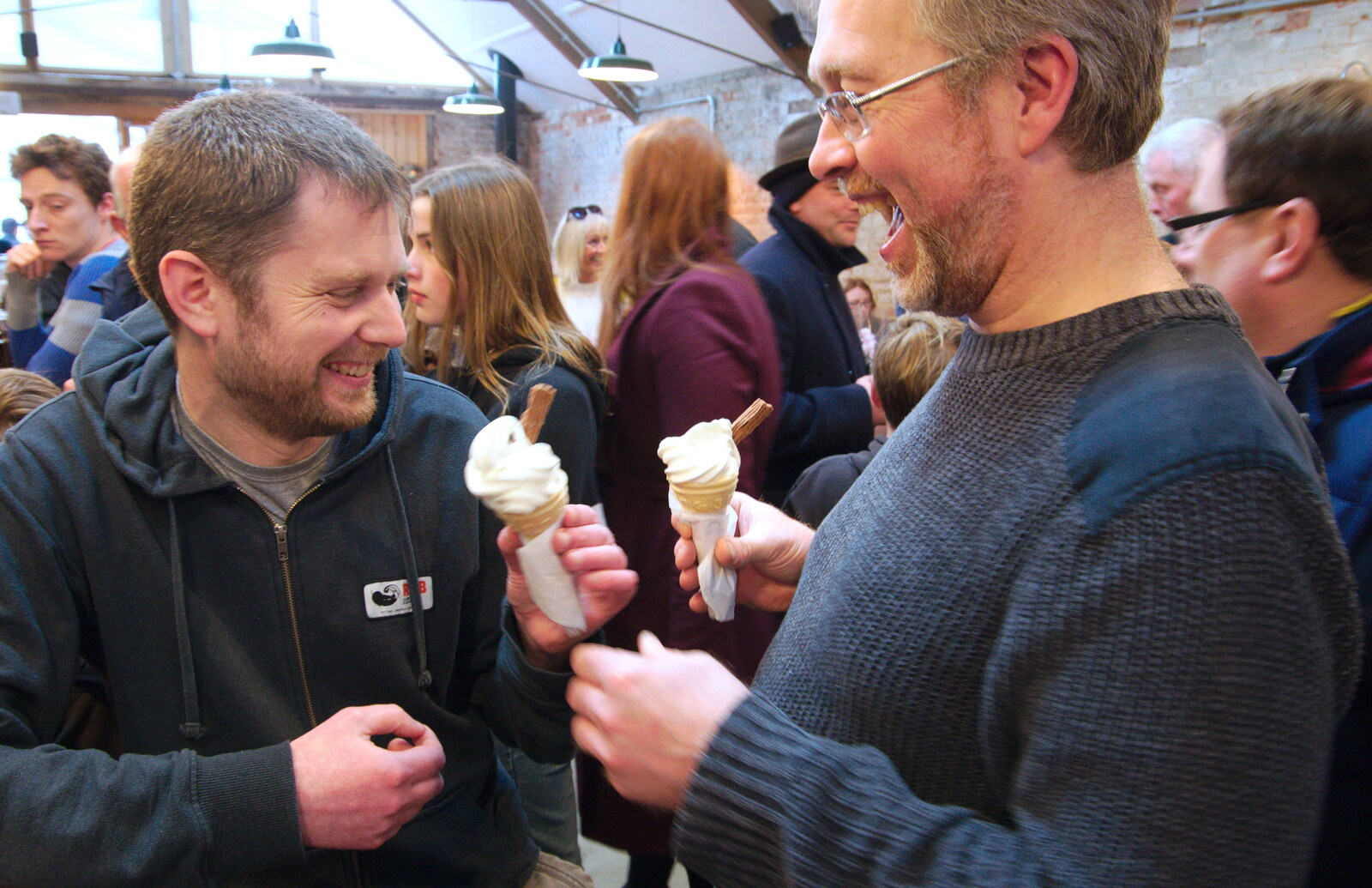 Phil and Marc are most amused by their ice creams from The Opening of Star Wing Brewery's Tap Room, Redgrave, Suffolk - 4th May 2019