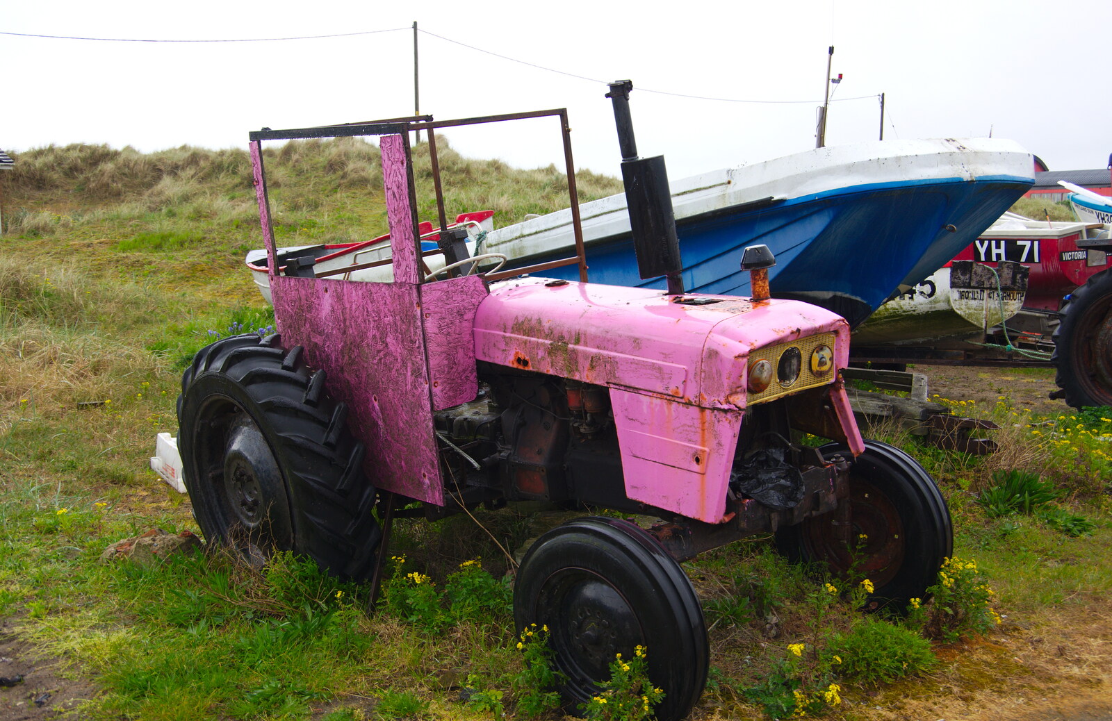 A decaying pink tractor in the rain from A Postcard From Caister on Sea, Norfolk - 6th May 2019