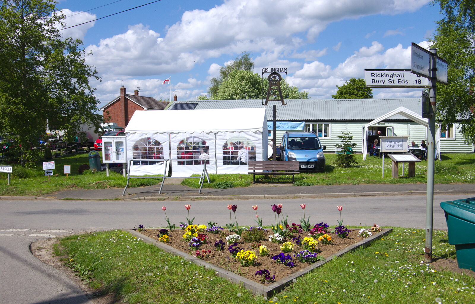 A view of the marquee and the village sign from The Gislingham Silver Band at the Village Hall, Gislingham, Suffolk - 12th May 2019