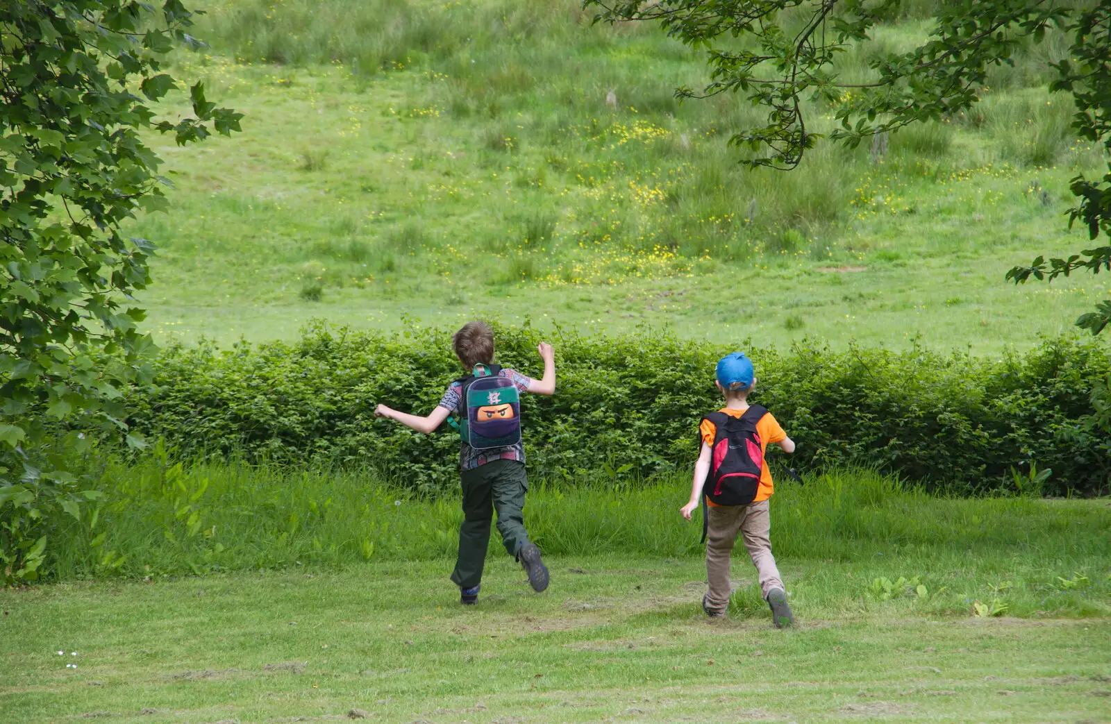 The boys run around, from Chagford Lido and a Trip to Parke, Bovey Tracey, Devon - 25th May 2019