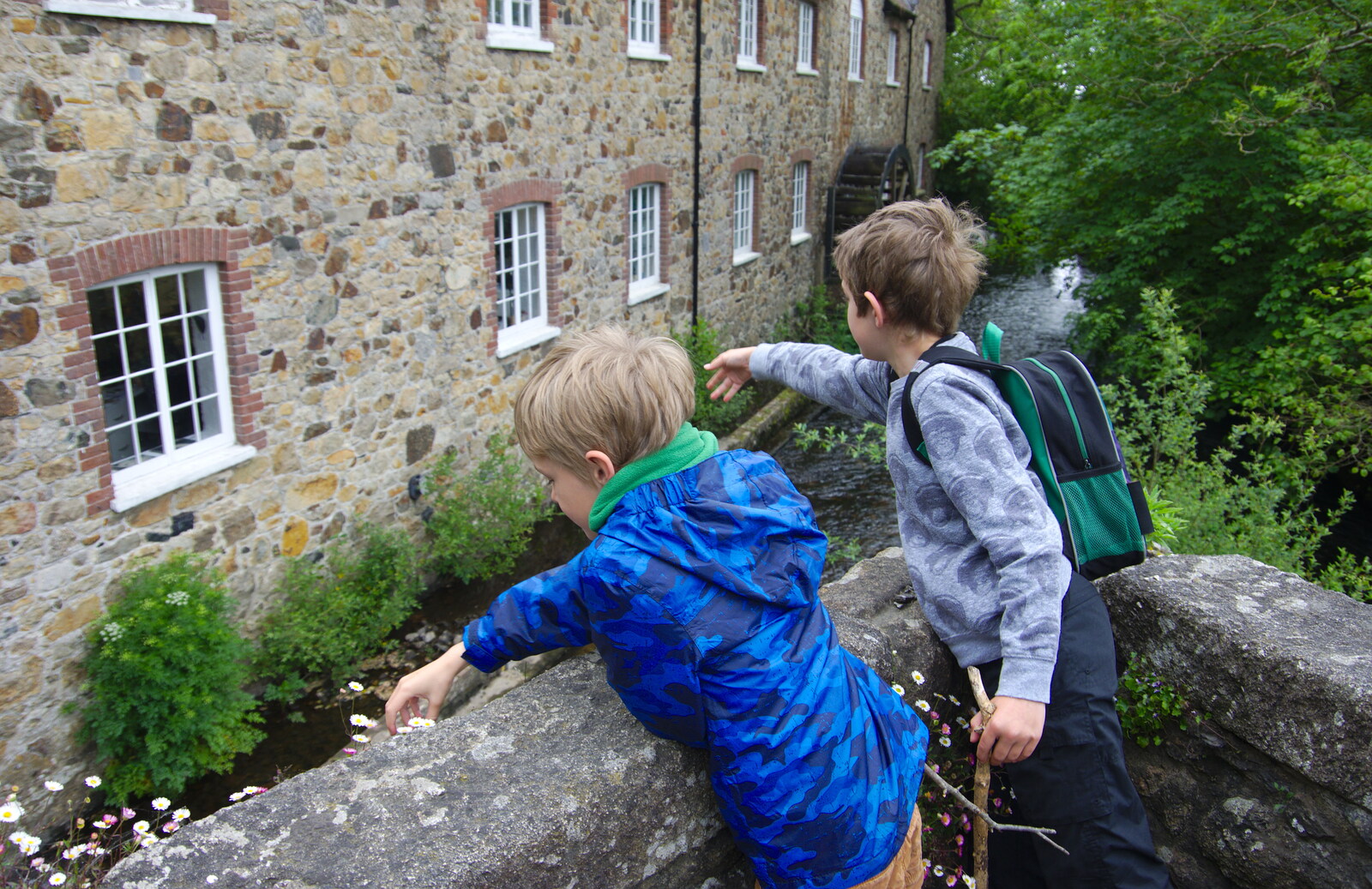 The boys look into the river from The Tom Cobley and a Return to Haytor, Bovey Tracey, Devon - 27th May 2019