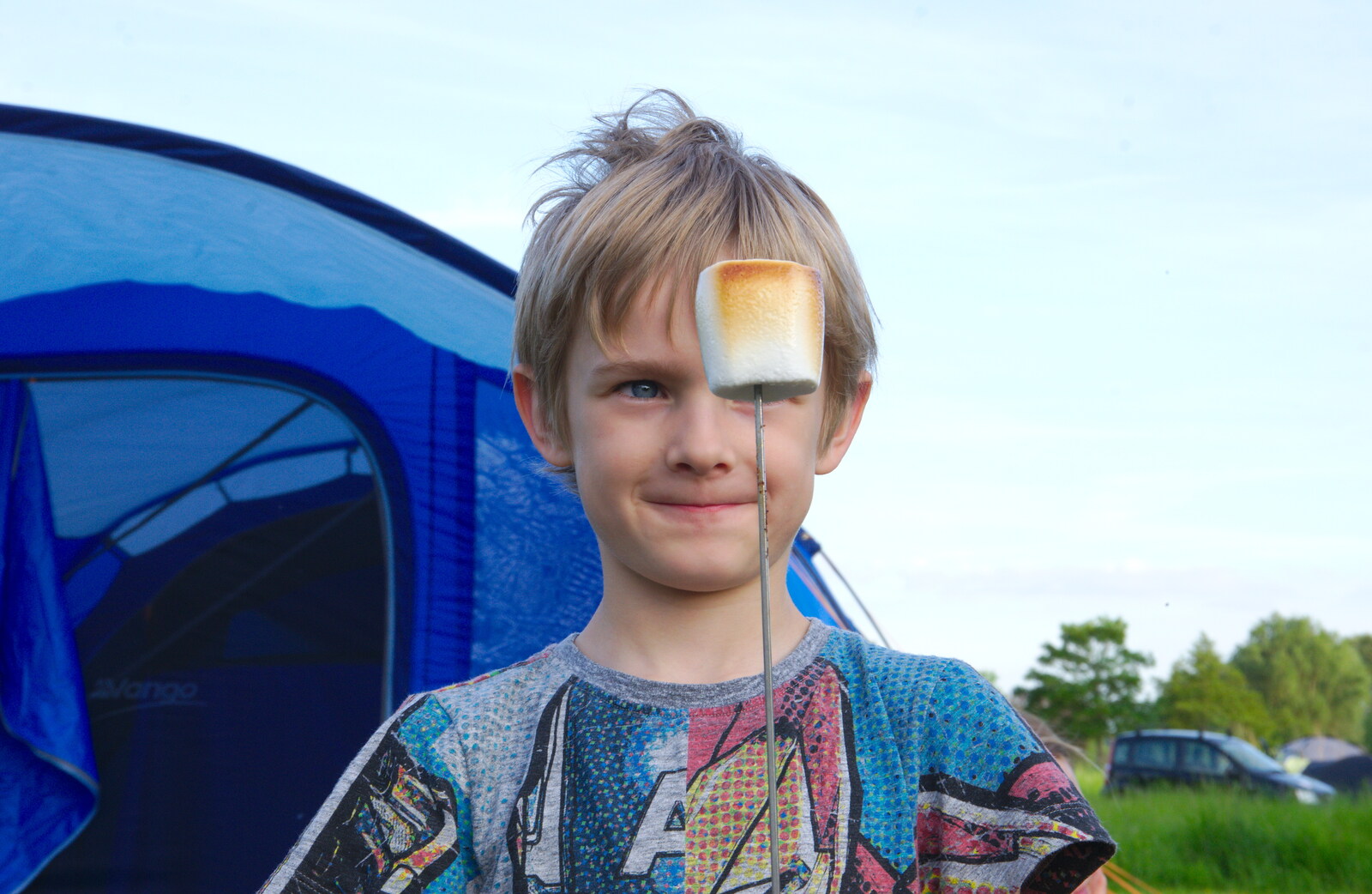Harry's happy with his humongous marshmallow from Camping at Three Rivers, Geldeston, Norfolk - 1st June 2019