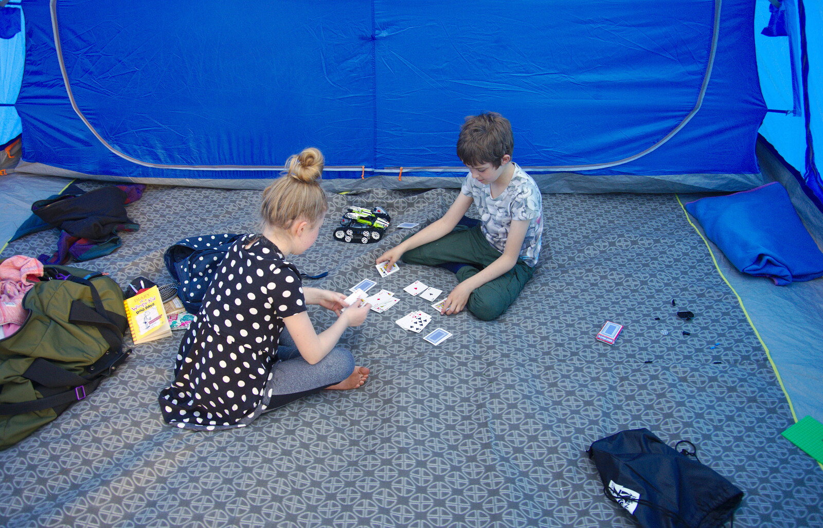 Lydia and Fred play cards from Camping at Three Rivers, Geldeston, Norfolk - 1st June 2019