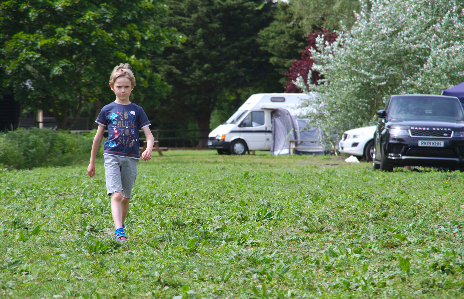 Harry returns from a successful trip to the toilets from Camping at Three Rivers, Geldeston, Norfolk - 1st June 2019