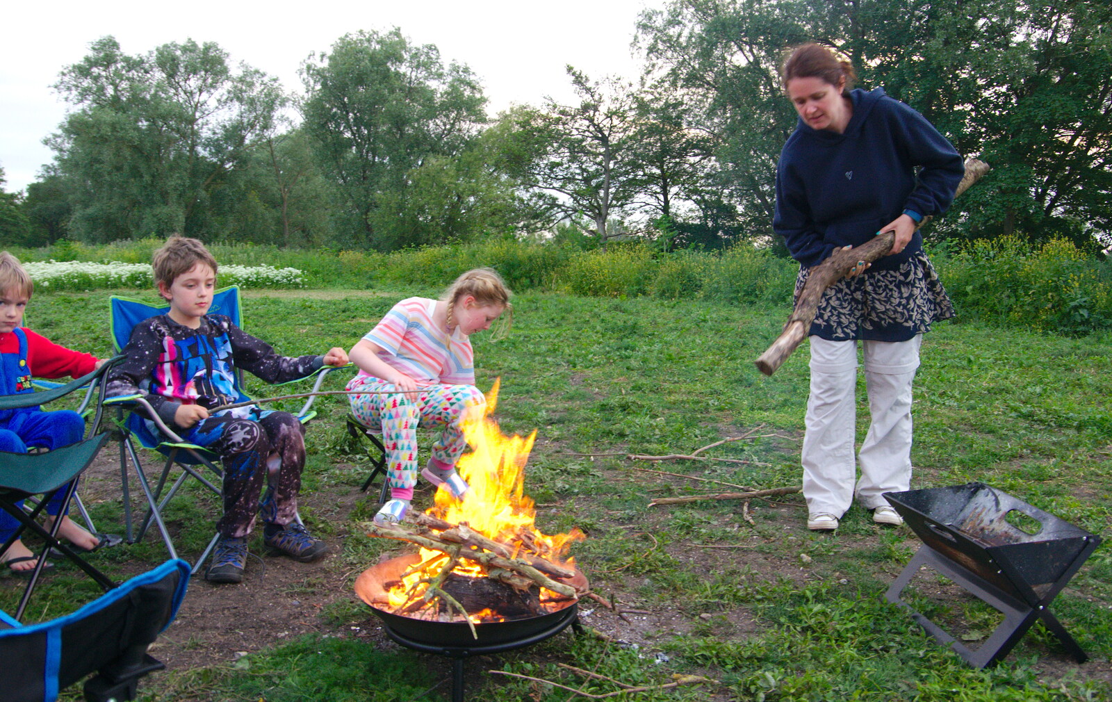 Isobel gets a massive stick for the fire from Camping at Three Rivers, Geldeston, Norfolk - 1st June 2019