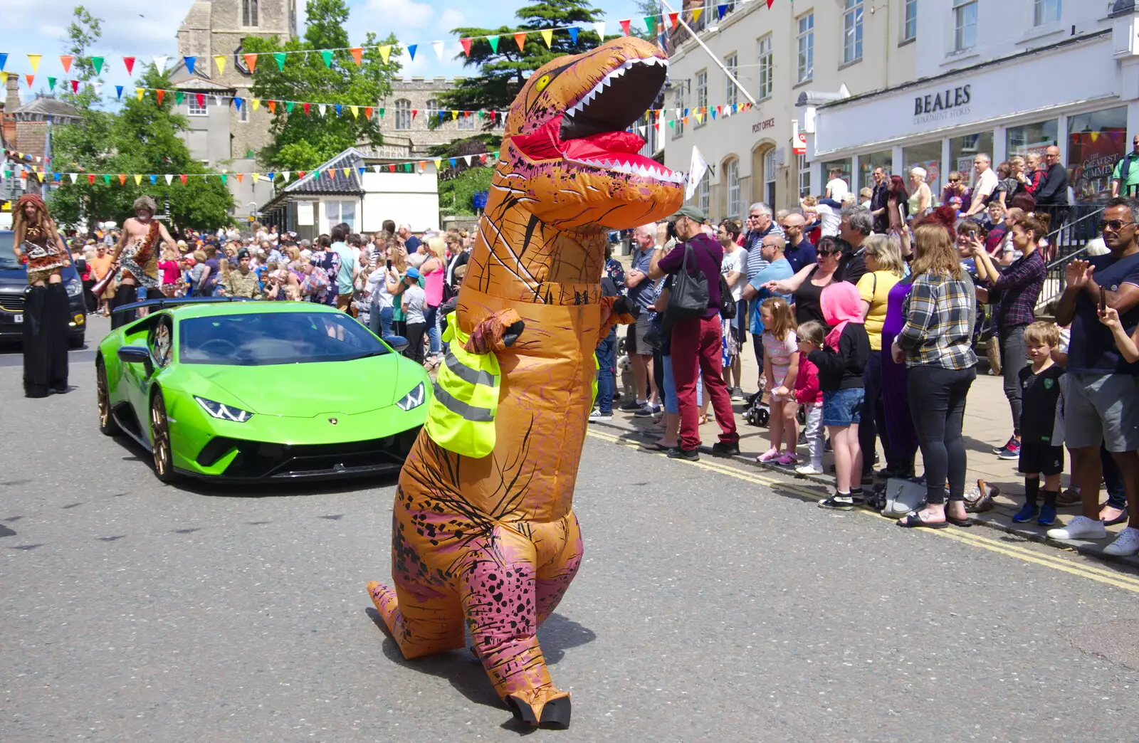 An inflatable dinosaur and a green Lambourghini, from The Diss Carnival 2019, Diss, Norfolk - 9th June 2019