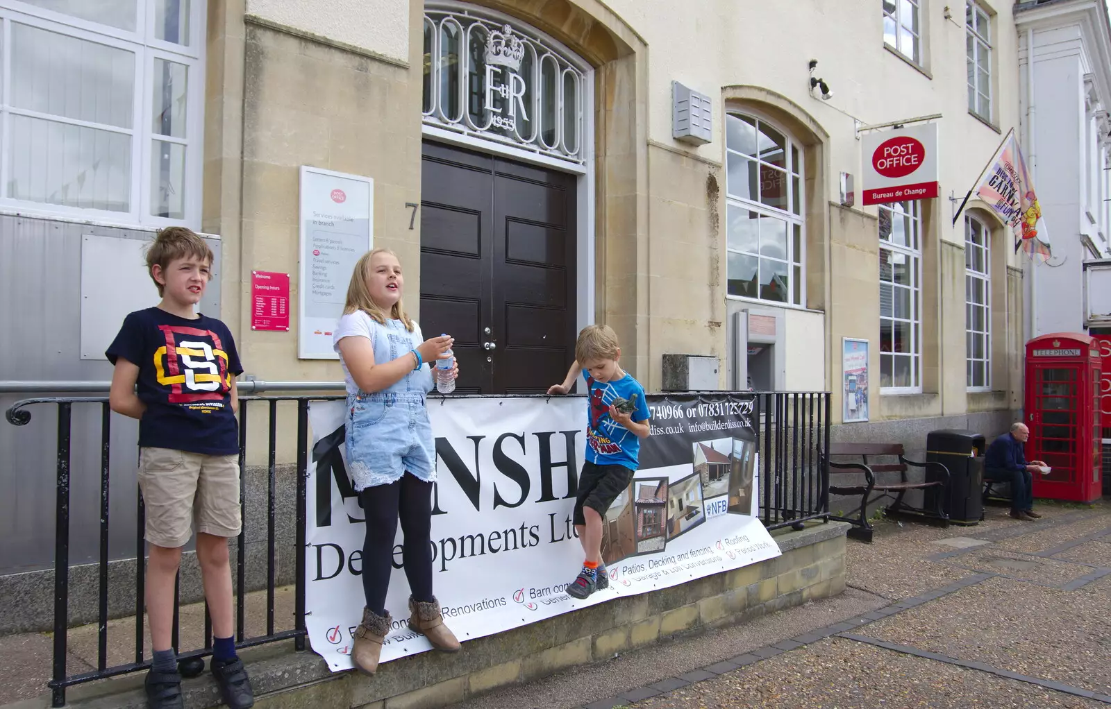 Fred, Alice and Harry outside the post office, from The Diss Carnival 2019, Diss, Norfolk - 9th June 2019