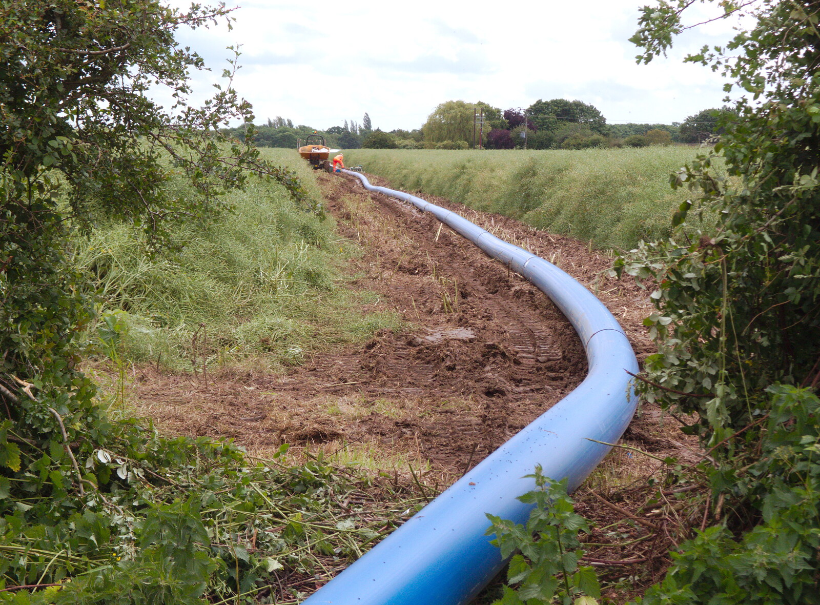 The pipe snakes over the field towards Eye from A High-Pressure Watermain and some Graffiti, Eye and London - 11th June 2019