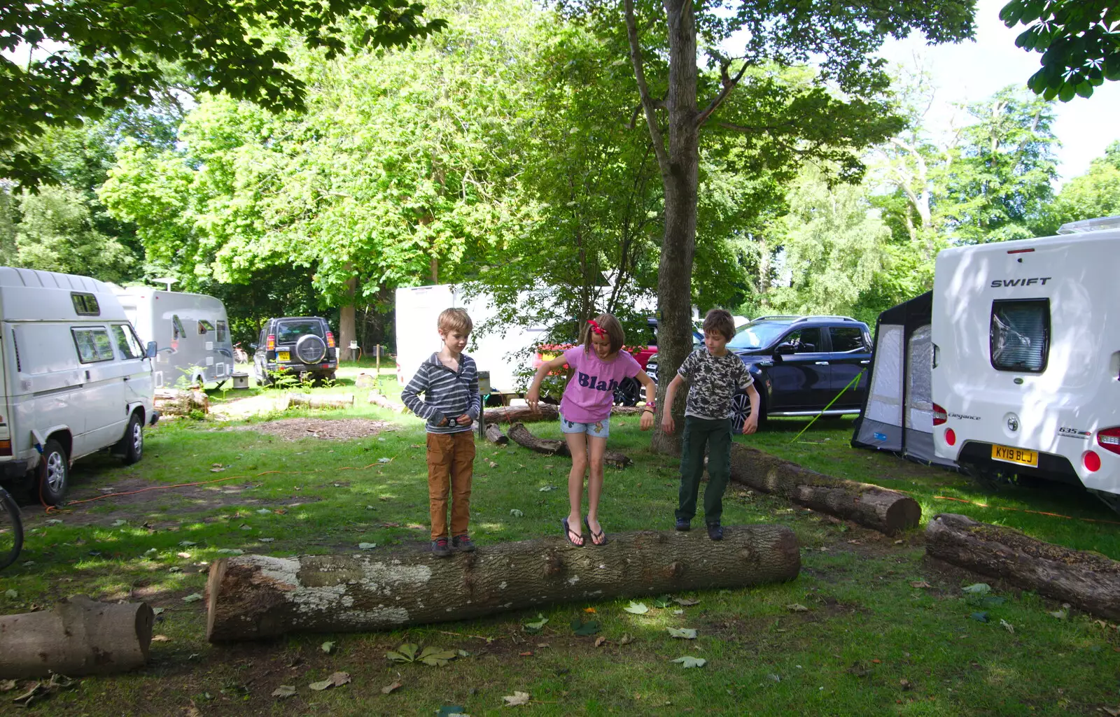 Harry and Fred do some sort of log rolling, from Cliff House Camping, Dunwich, Suffolk - 15th June 2019