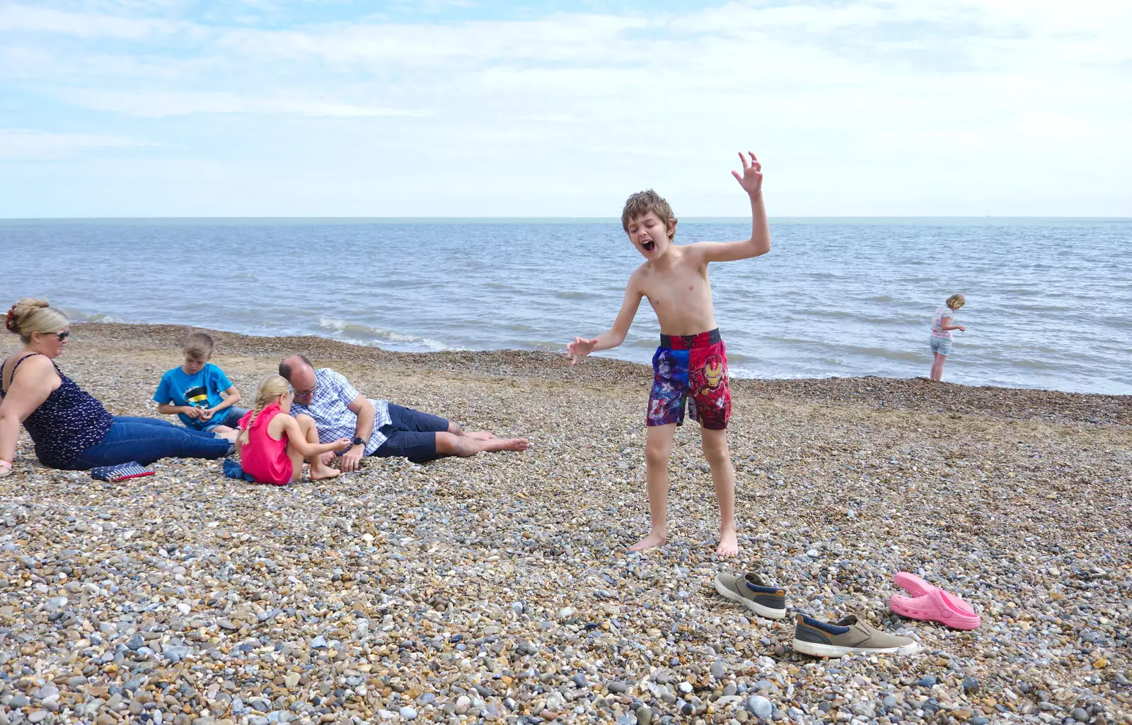 Fred's finding it hard going on the shingle beach, from Cliff House Camping, Dunwich, Suffolk - 15th June 2019