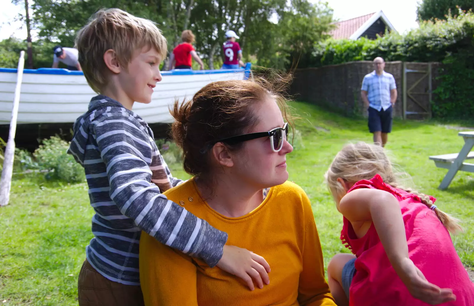 Harry and Isobel in the beer garden, from Cliff House Camping, Dunwich, Suffolk - 15th June 2019