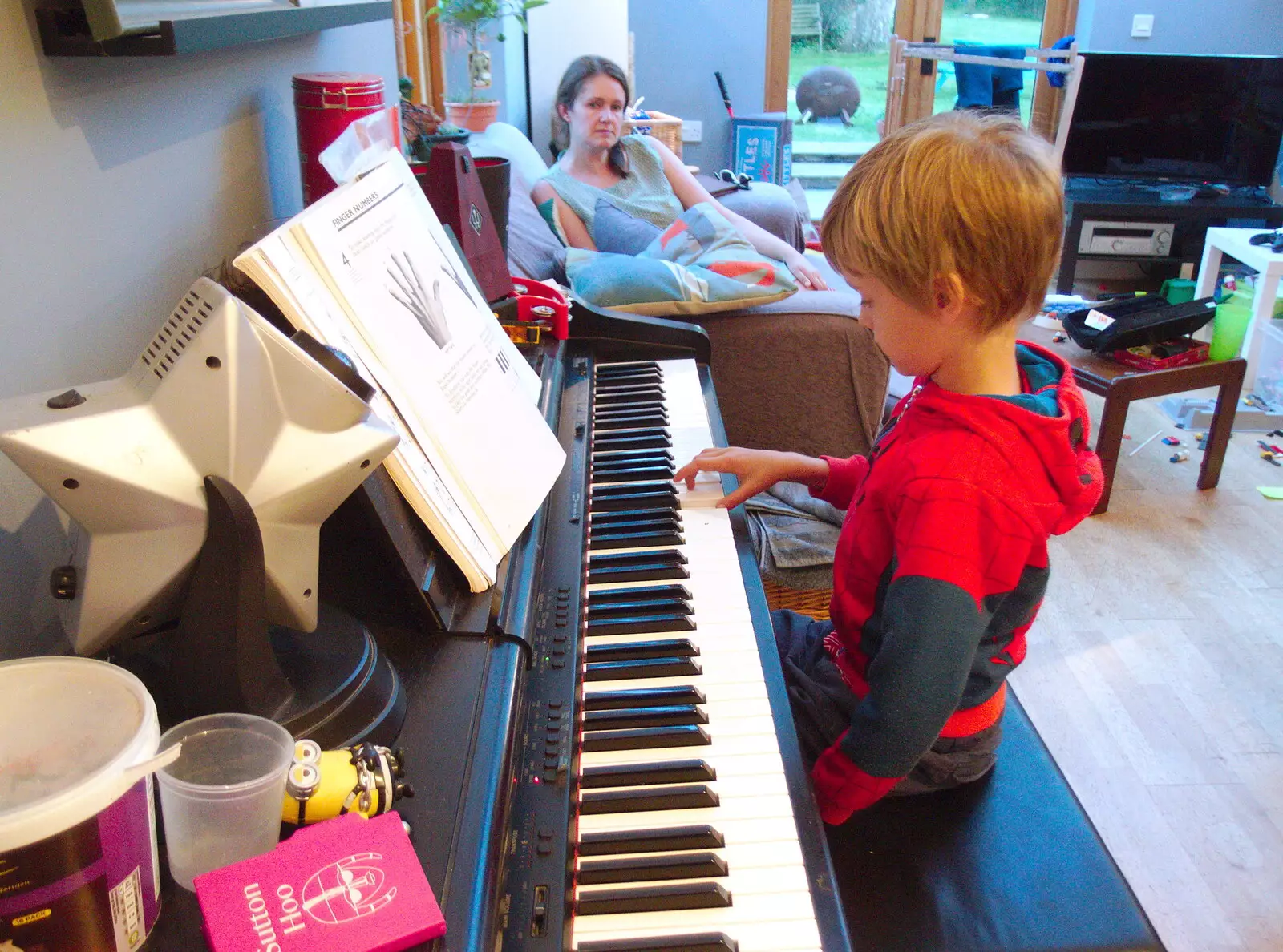 Harry takes an interest in playing the piano, from The BSCC at North Lopham, and the GSB Mayor's Parade, Eye, Suffolk - 23rd June 2019