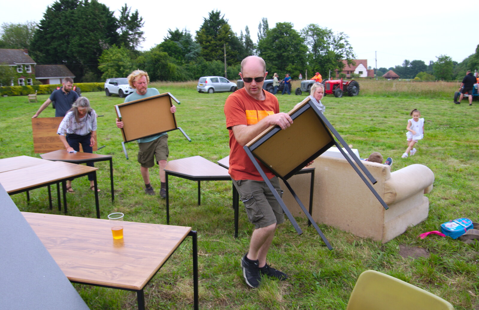Phil, Wavy and Paul help clear up tables from A Hog Roast on Little Green, Thrandeston, Suffolk - 23rd June 2019