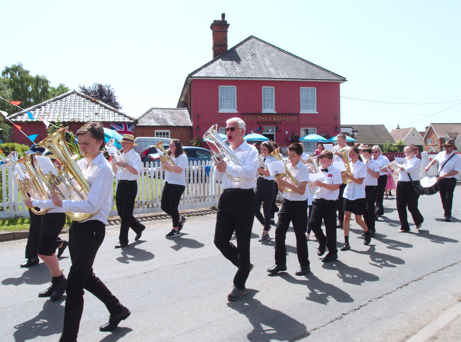 The band sets off down the street from GSB and the Gislingham Fete, Suffolk - 29th June 2019