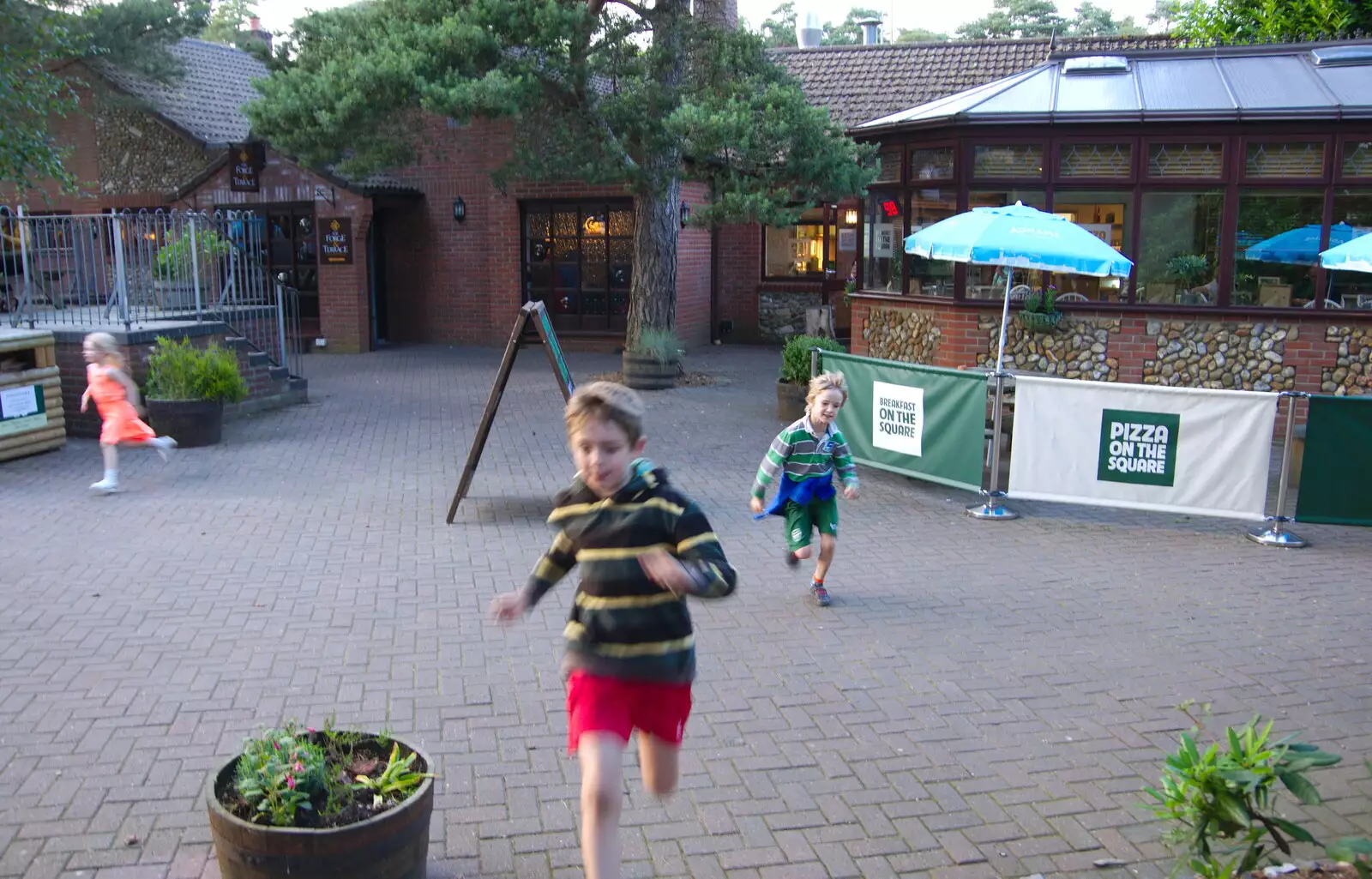 The boys run around with excitement about pizza , from Kelling Camping and the Potty Morris Festival, Sheringham, North Norfolk - 6th July 2019