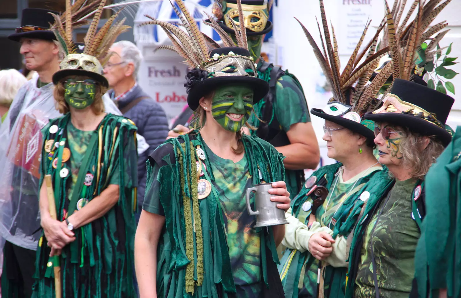 Green face paint and pheasant feathers, from Kelling Camping and the Potty Morris Festival, Sheringham, North Norfolk - 6th July 2019