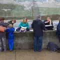 The gang sit on a painted sea wall, Kelling Camping and the Potty Morris Festival, Sheringham, North Norfolk - 6th July 2019